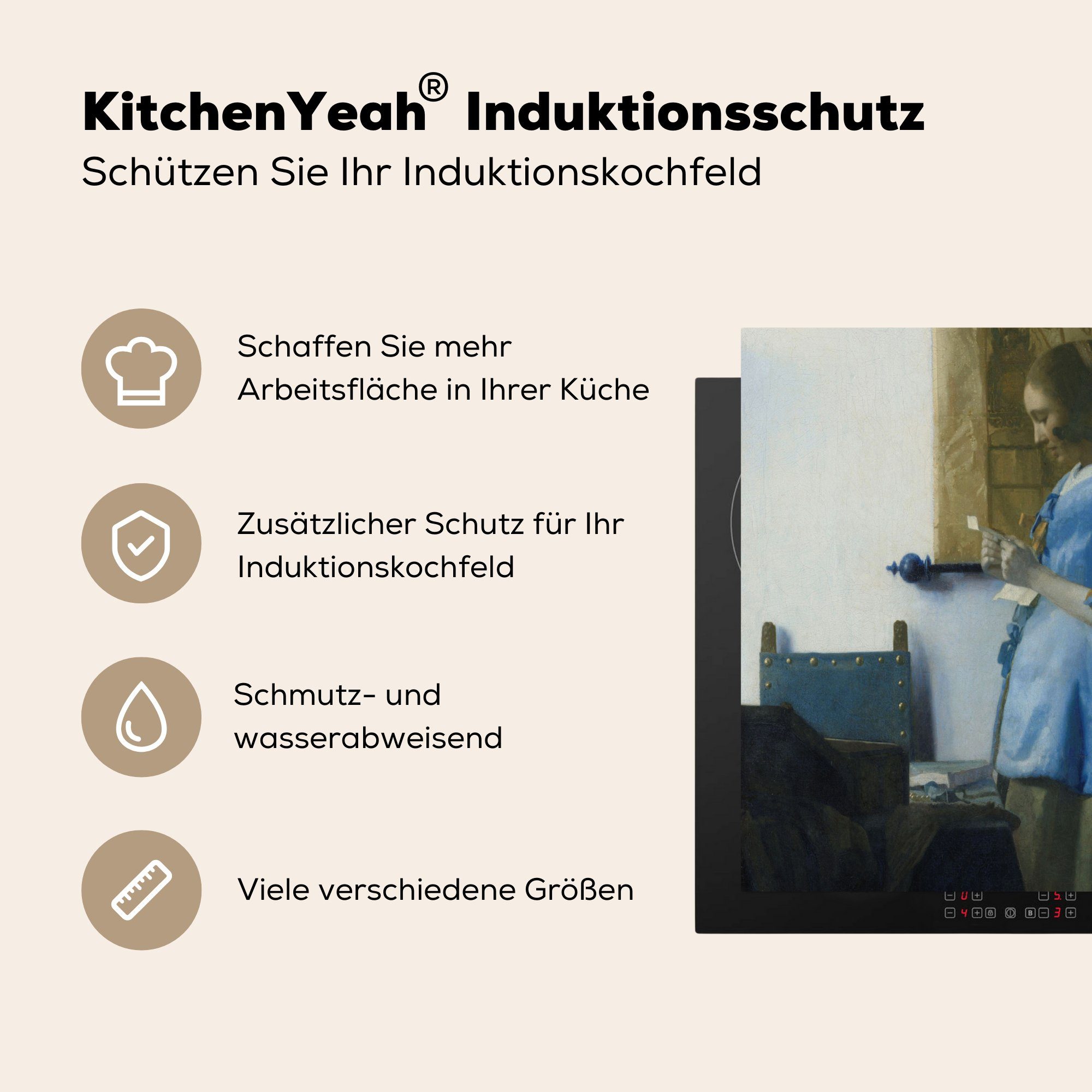 MuchoWow Herdblende-/Abdeckplatte Frau Vinyl, tlg), von Johannes - 59x52 für (1 Blau in Brief Induktionsmatte einen liest Vermeer, Gemälde die küche, cm, Ceranfeldabdeckung