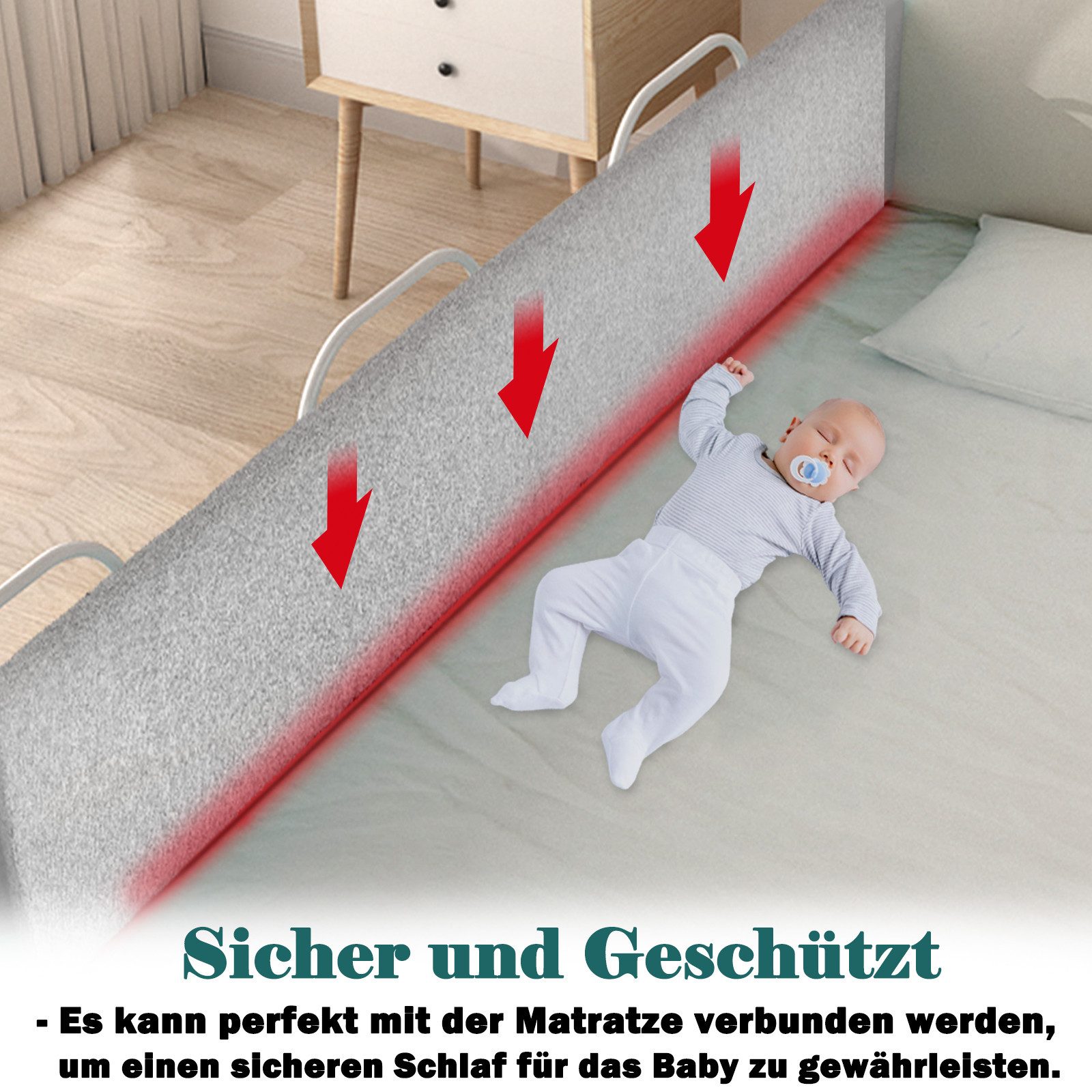 FIVMEN Bettschutzgitter Bettgitter Bettkantenschutz Höhenverstellbar Sicherheitsgeländer, für Kinder Bett, Leinengrau – Bild 4 von 5