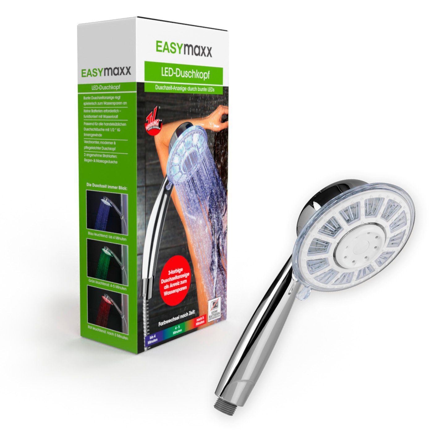 EASYmaxx Regenduschkopf Duschkopf LED - Duschzeit-Anzeige durch bunte LEDs