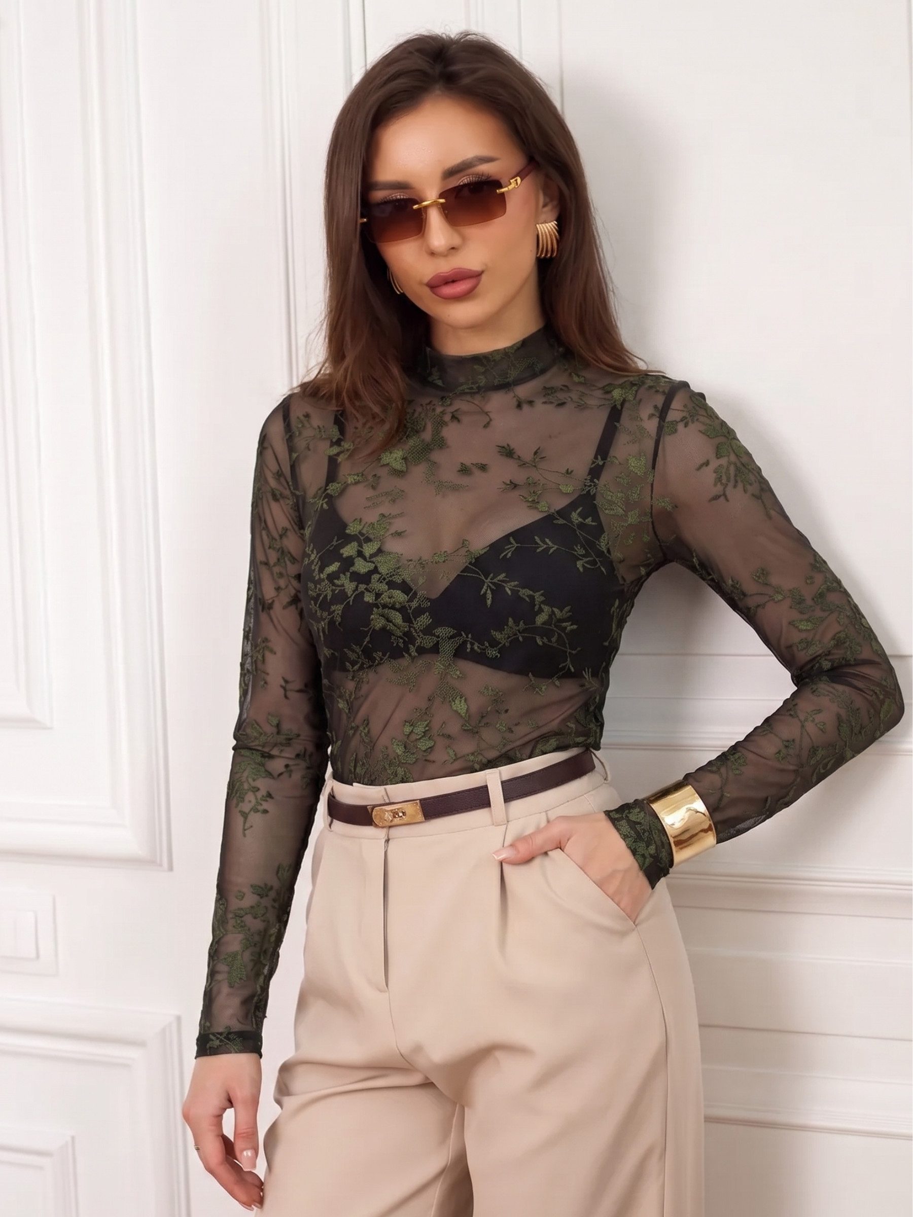 Elegant Love Langarmshirt Durchsichtiges Damen Mesh-Shirt mit floraler Spitze, Party-Top Figurbetontes Ausgeh-Oberteil mit Rundhals für Party & Club