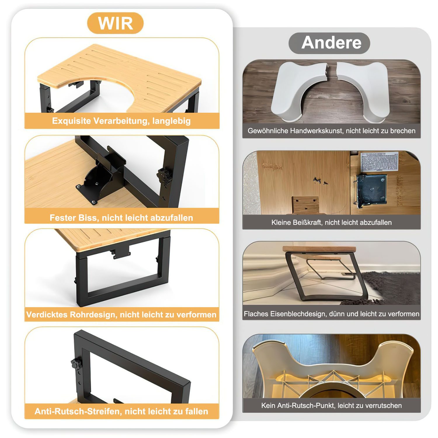 HEYHIPPO Tritthocker Klappbarer Toilettenhocker Höhenverstellbarer Fußhocker Holzfarbe (Stabiler und tragbarer Toilettentritthocker mit geringem Platzbedarf, Ein Tritthocker), Rutschfester Fußhocker für Erwachsene und Kinder aus Bambus