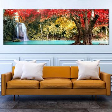 TPFLiving Kunstdruck (OHNE RAHMEN) Poster - Leinwand - Wandbild, Buntes Herbstwald-Wasserfall-Landschaftspanorama-Leinwandgemälde (Leinwandbild XXL), Farben: Orange, Gelb, Weiß, Rosa, Grün, Lila - Größe: 20x60cm