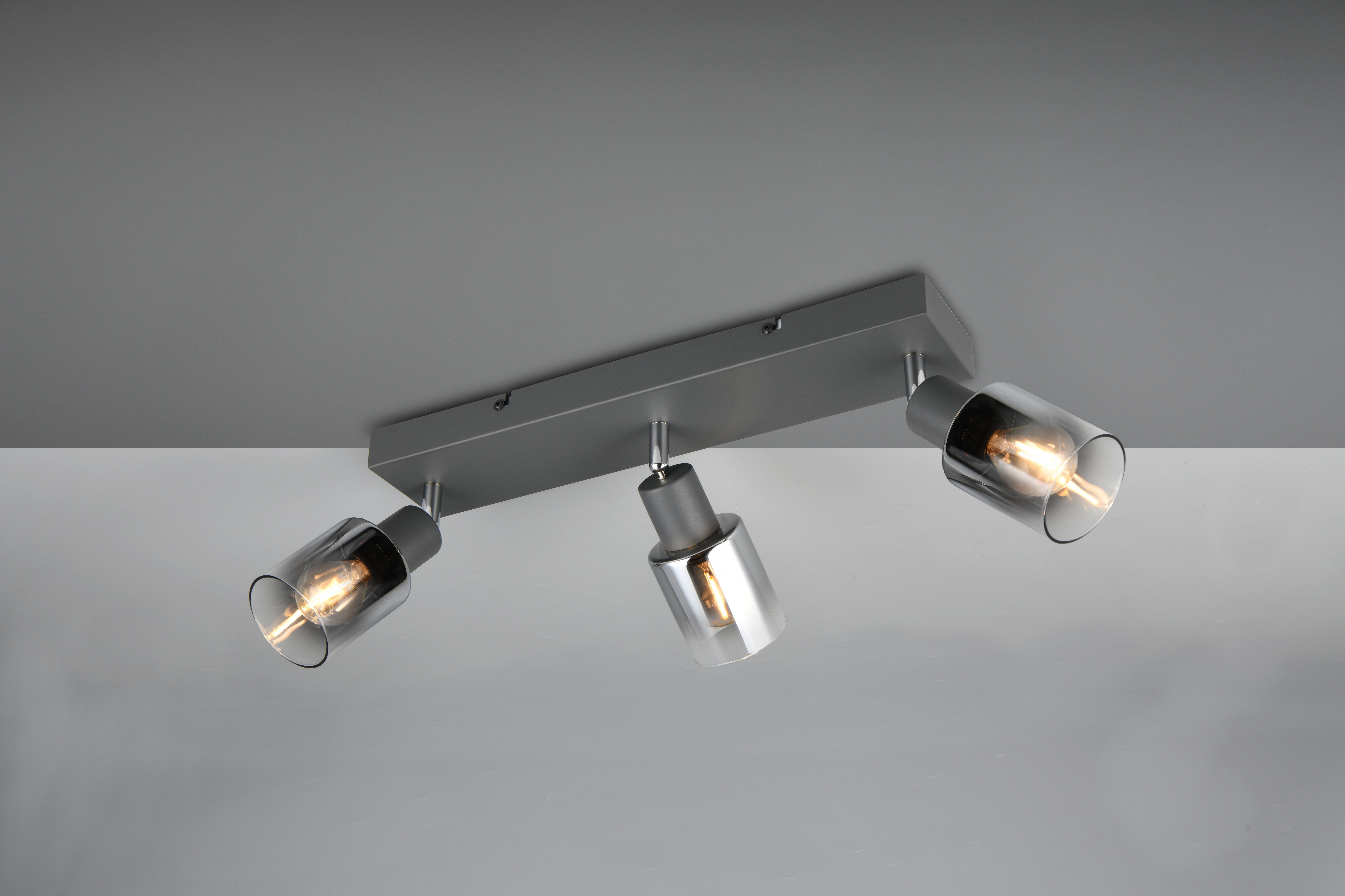 Reality Leuchten Deckenstrahler CADIZ, Spot 3-flammig, exkl 3xE14 max 10W, Glas anthrazit, verspiegelt, Leuchtmittel wechselbar, warmweiß - kaltweiß, verstellbarer Deckenspot E14 Fassung, mit Glasschirm smoke Farbverlauf