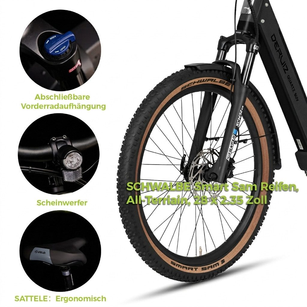 DERUIZ E-Bike Trekkingrad 28 Zoll, Quartz/Quartz SUV, 160km, Bluetooth & APP, Tiefeinsteiger, 8 Gang SHIMANO Acera RD-M360 SGS Schaltwerk, Kettenschaltung, Heckmotor, 644 Wh, (Federgabel mit Lockout, Drehmomentsensor + Kadenzsensor, bis zu 170kg), SUV, Aluminiumrahmen, 120Lux Licht, Elektrofahrrad für Damen Herren