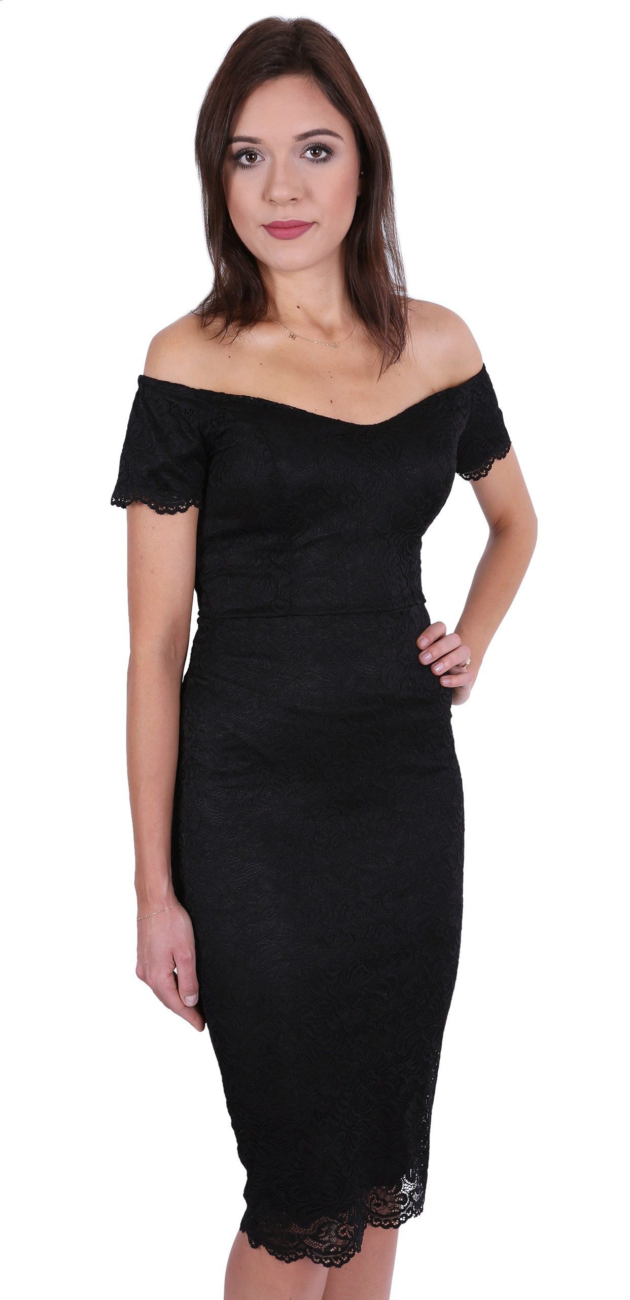 Spitzenkleid John Zack Schwarzes Spitzenkleid mit freien Schultern M