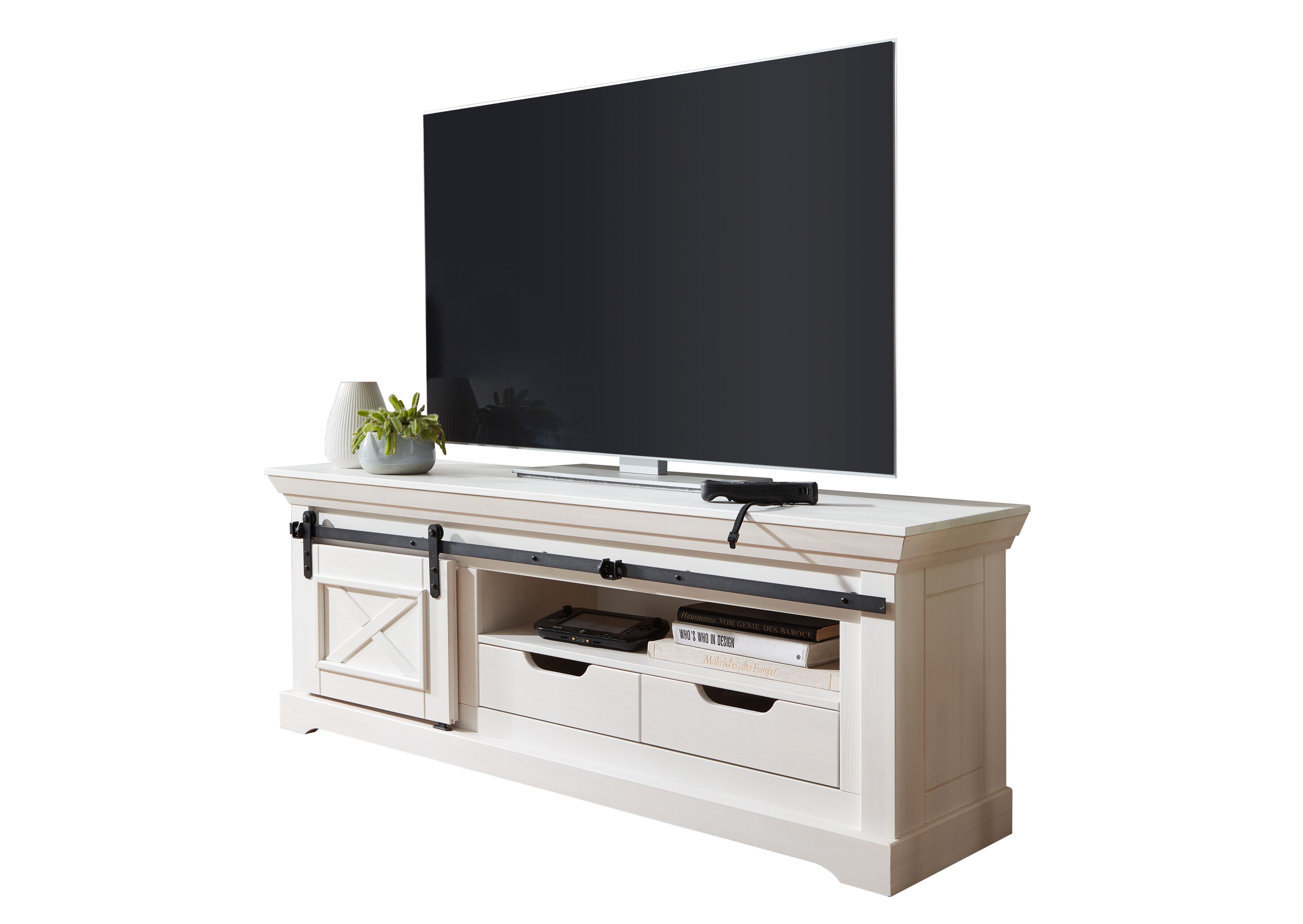 Woodroom TV-Schrank Maribo Kiefer massiv weiß, BxHxT 153x57x40 cm | TV-Schränke