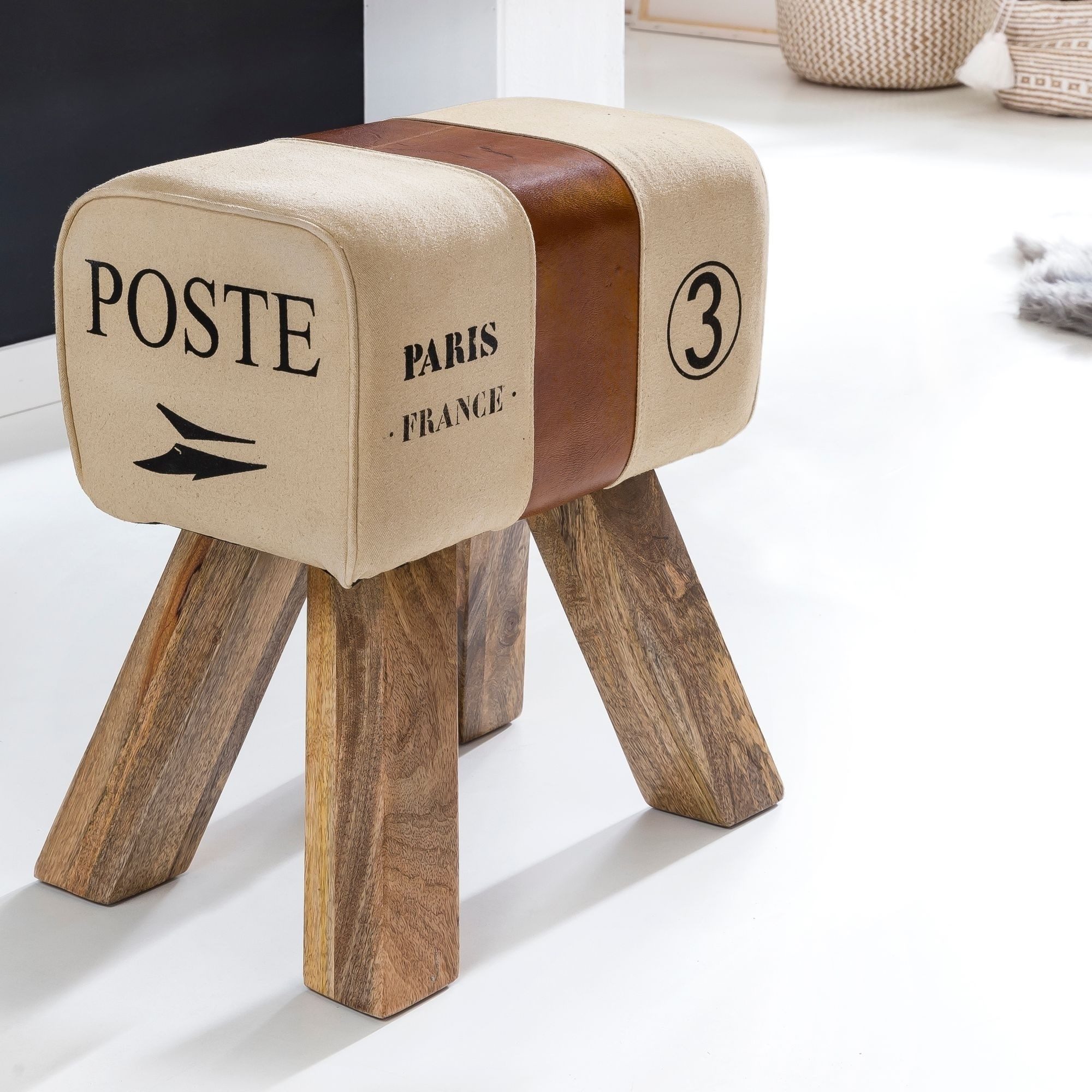 freiraum Sitzhocker CANVAS, in Poste - Paris, Mangoholz / Stoff - 40x47x30cm (BxHxT)