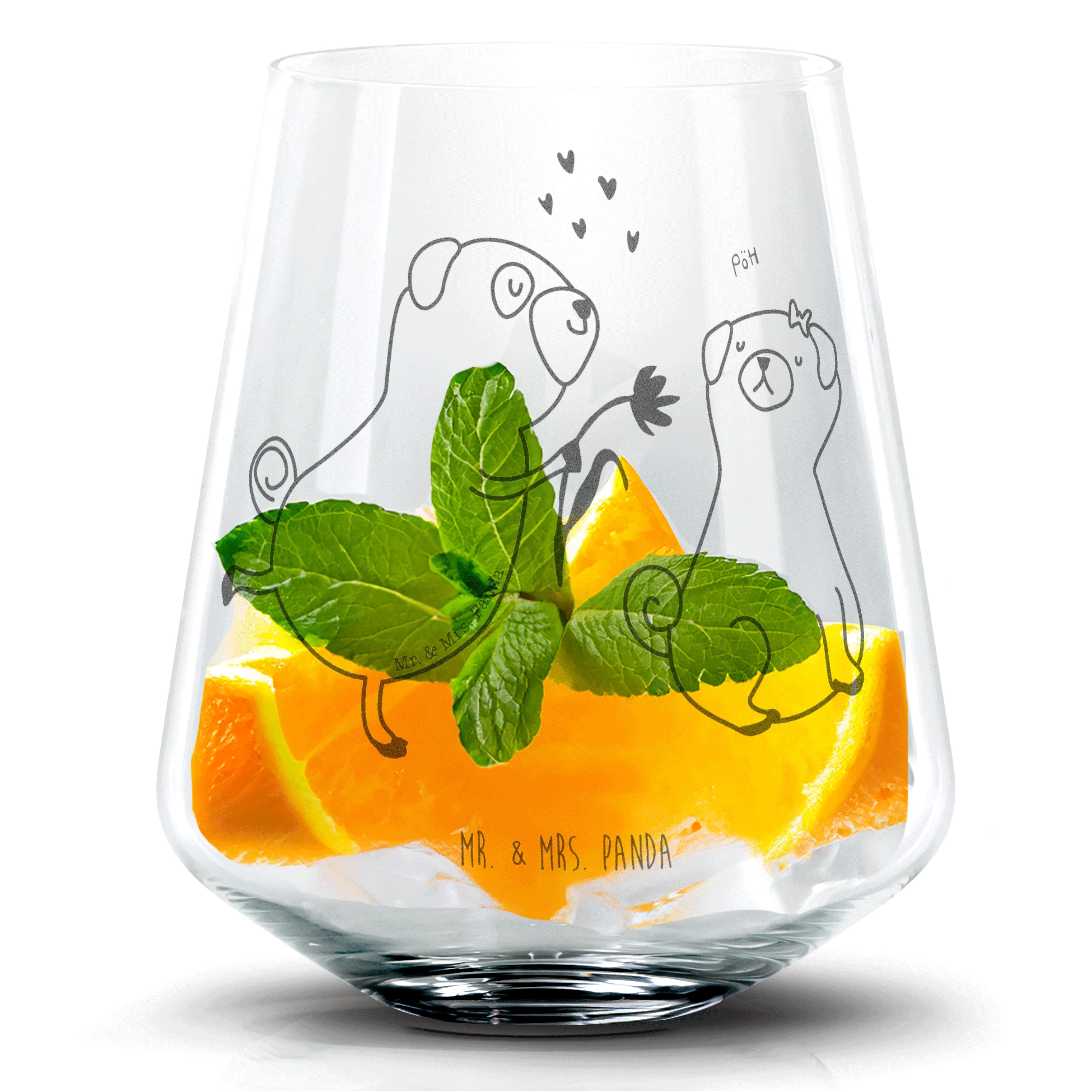Mr. & Mrs. Panda Cocktailglas Mops Verliebt - Transparent - Geschenk, Tierliebhaber, Cocktail Glas, Premium Glas, Einzigartige Gravur