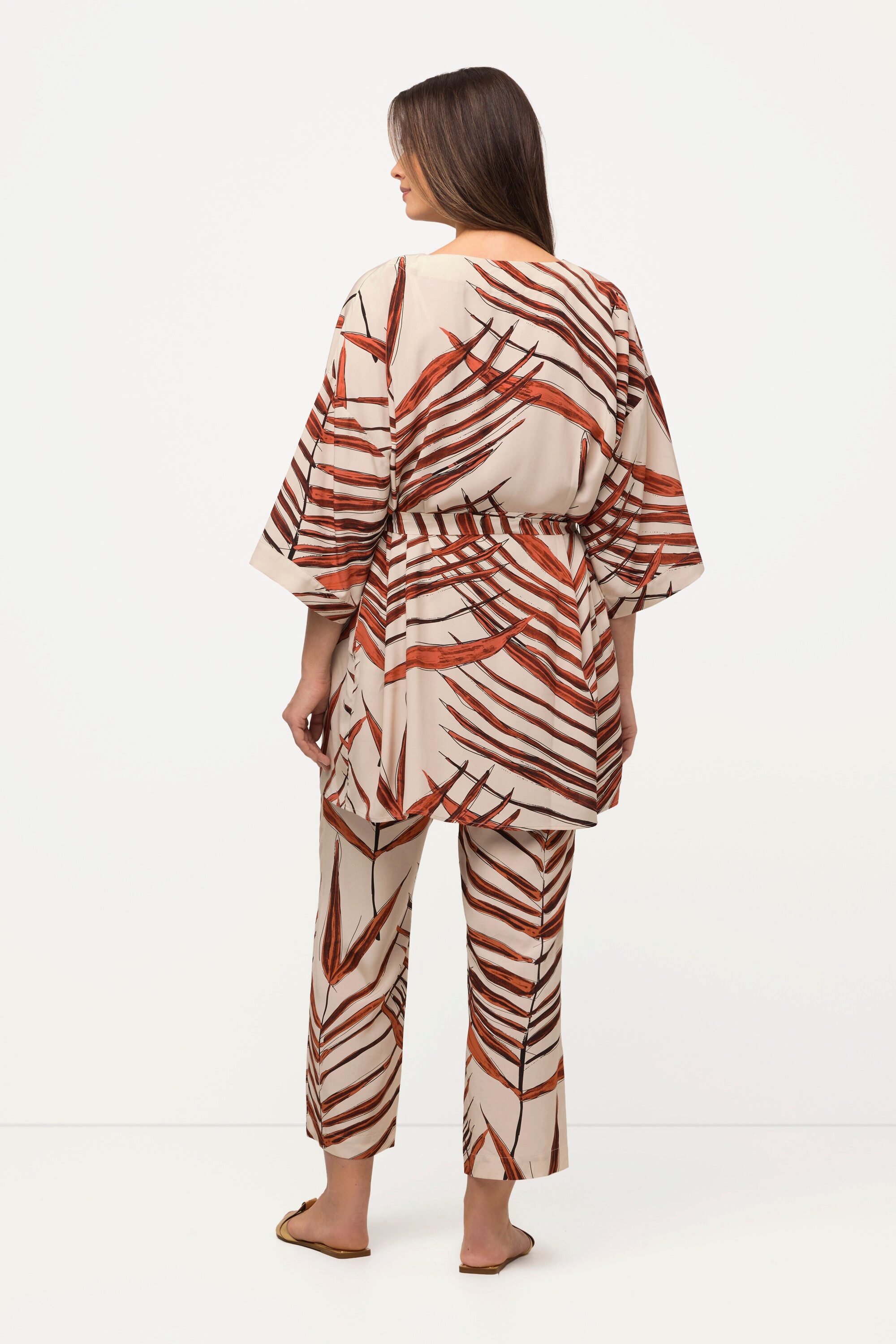 Ulla Popken Longbluse Kimono Palmen offene Form Bindegürtel 3/4-Arm