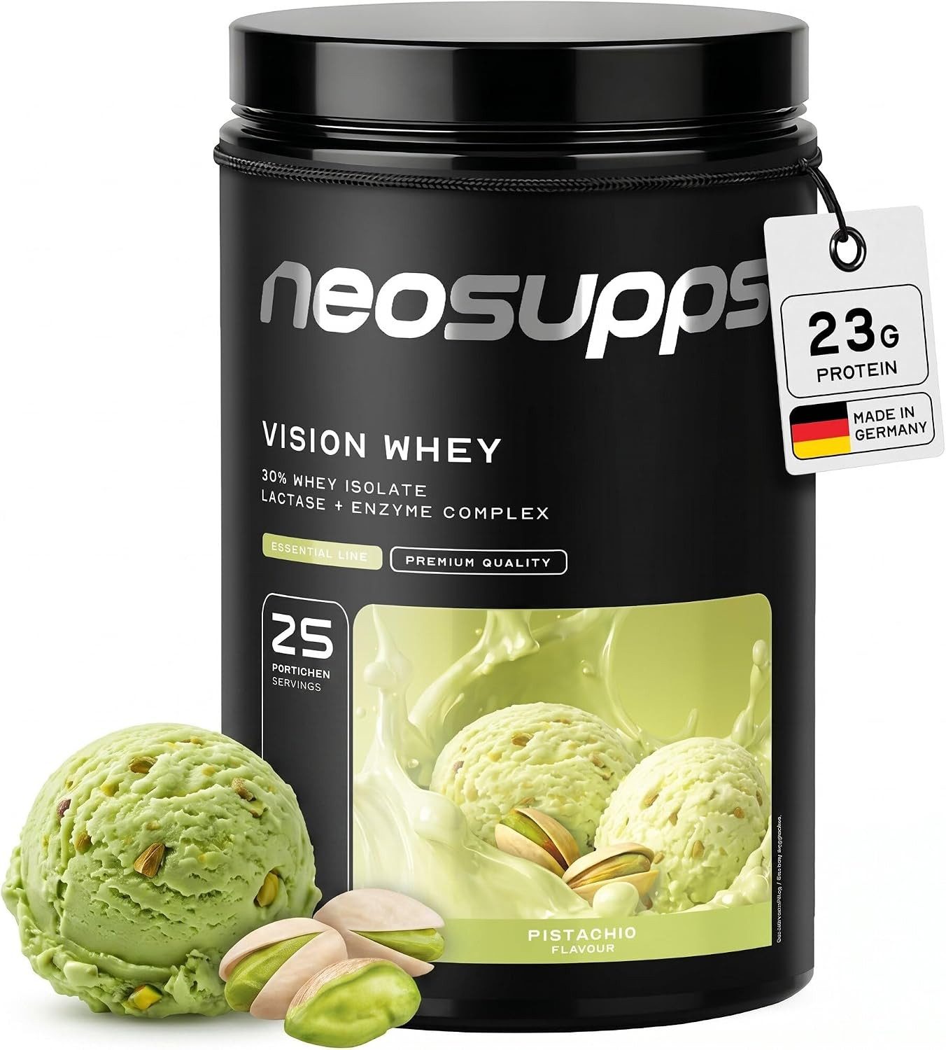 Neosupps Whey Protein Pulver Pistachio 750g, Proteinpulver, Proteinshake Pulver, 750 g, Protein zum Muskelaufbau mit geprüfter Qualität, Made in Germany