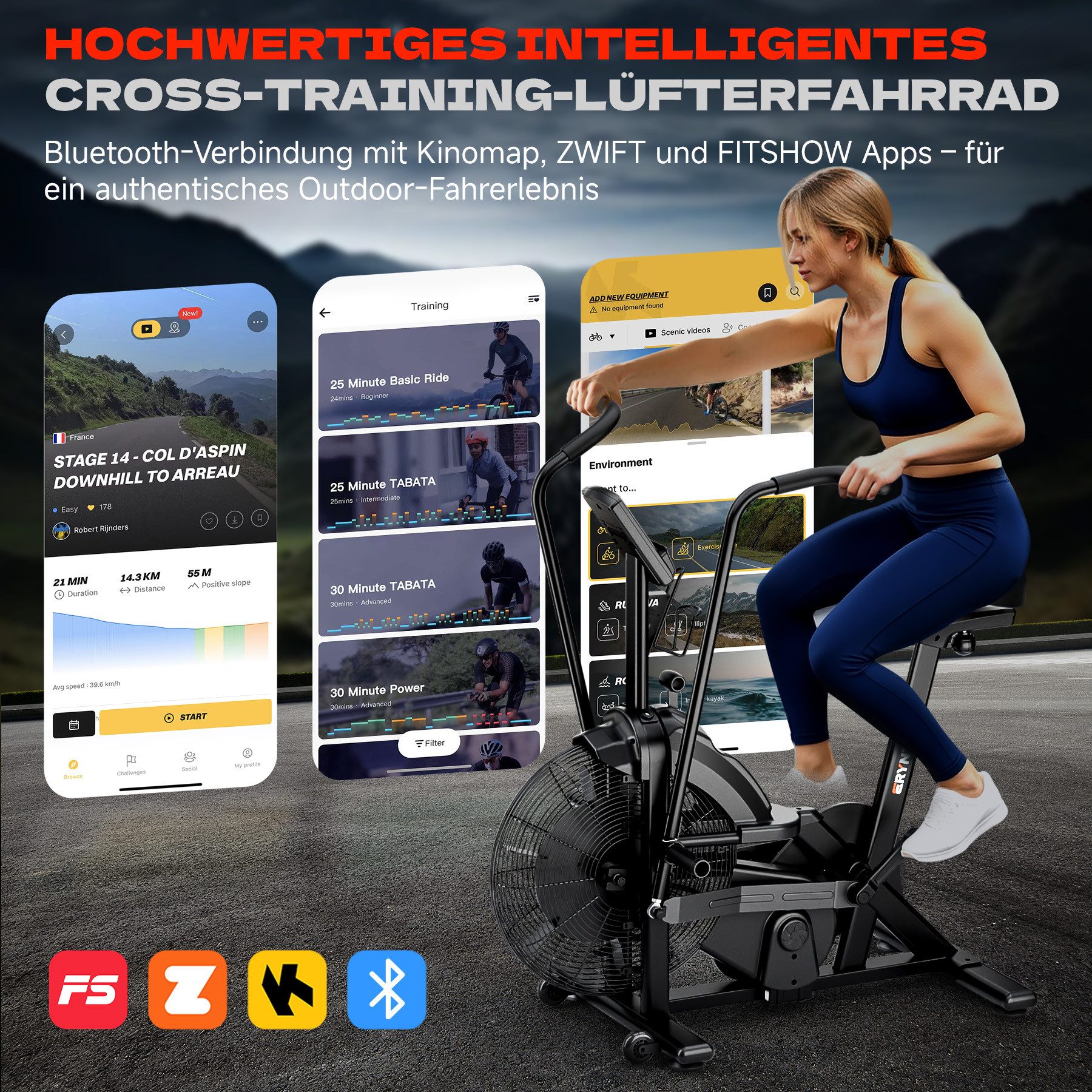Eryntix Heimtrainer Air Bike, Heimtrainer Fahrrad mit Luftwiderstand, Belastbar bis 160 kg (1-tlg., leises Indoor-Fitnessbike, LCD Monitor, App Verbindung), Tra – Bild 4 von 5