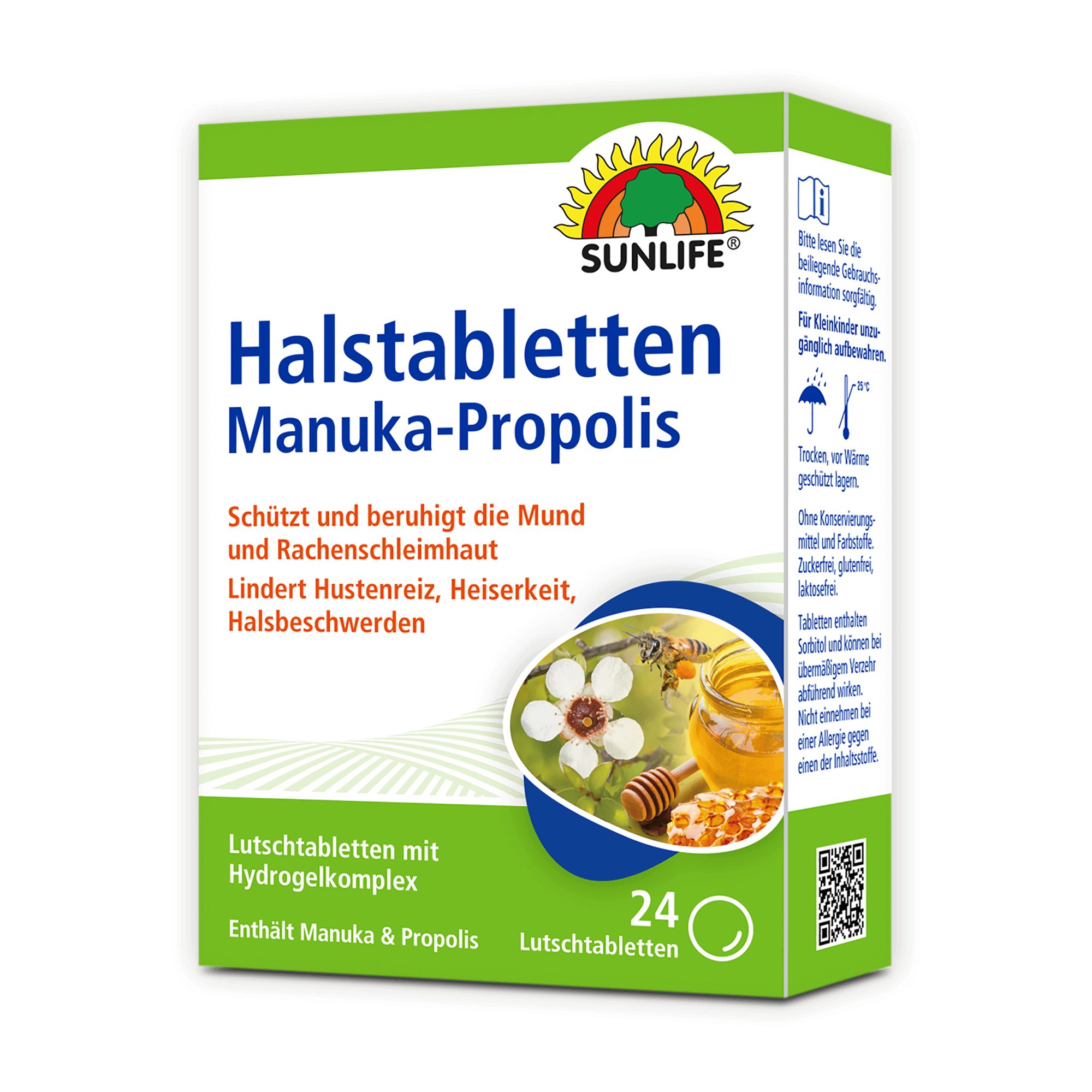 SUNLIFE SUNLIFE® Halstabletten Manuka-Propolis 24 Stk Hustenreiz Heiserkeit Nach Bedarf alle 2 - 3 Stunden eine Tablette lutschen (Bis zu 6 x täglich)
