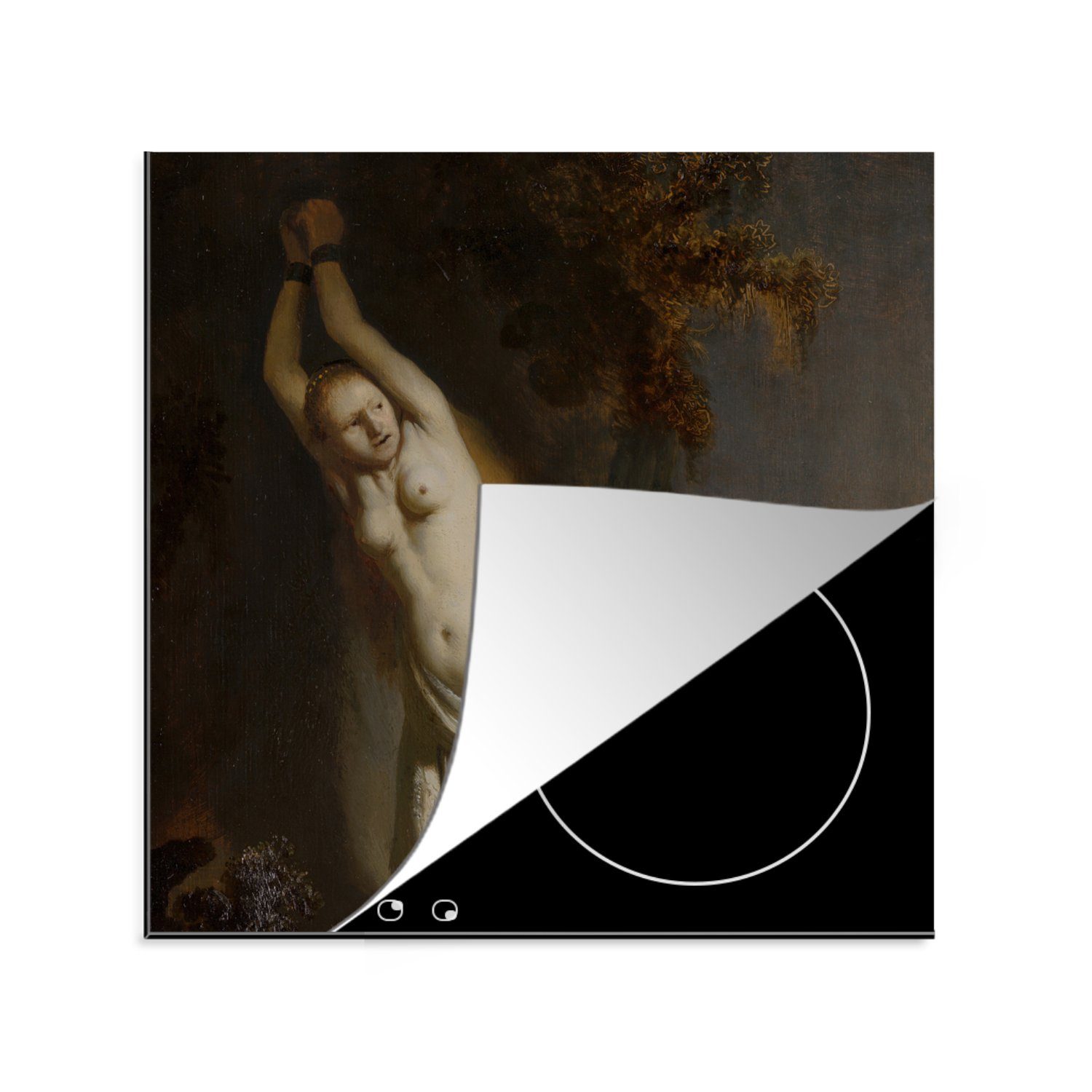 Rijn, küche für van Gemälde 78x78 Arbeitsplatte cm, Ceranfeldabdeckung, Rembrandt an Felsen tlg), Herdblende-/Abdeckplatte - Andromeda (1 MuchoWow von angekettet Vinyl, den