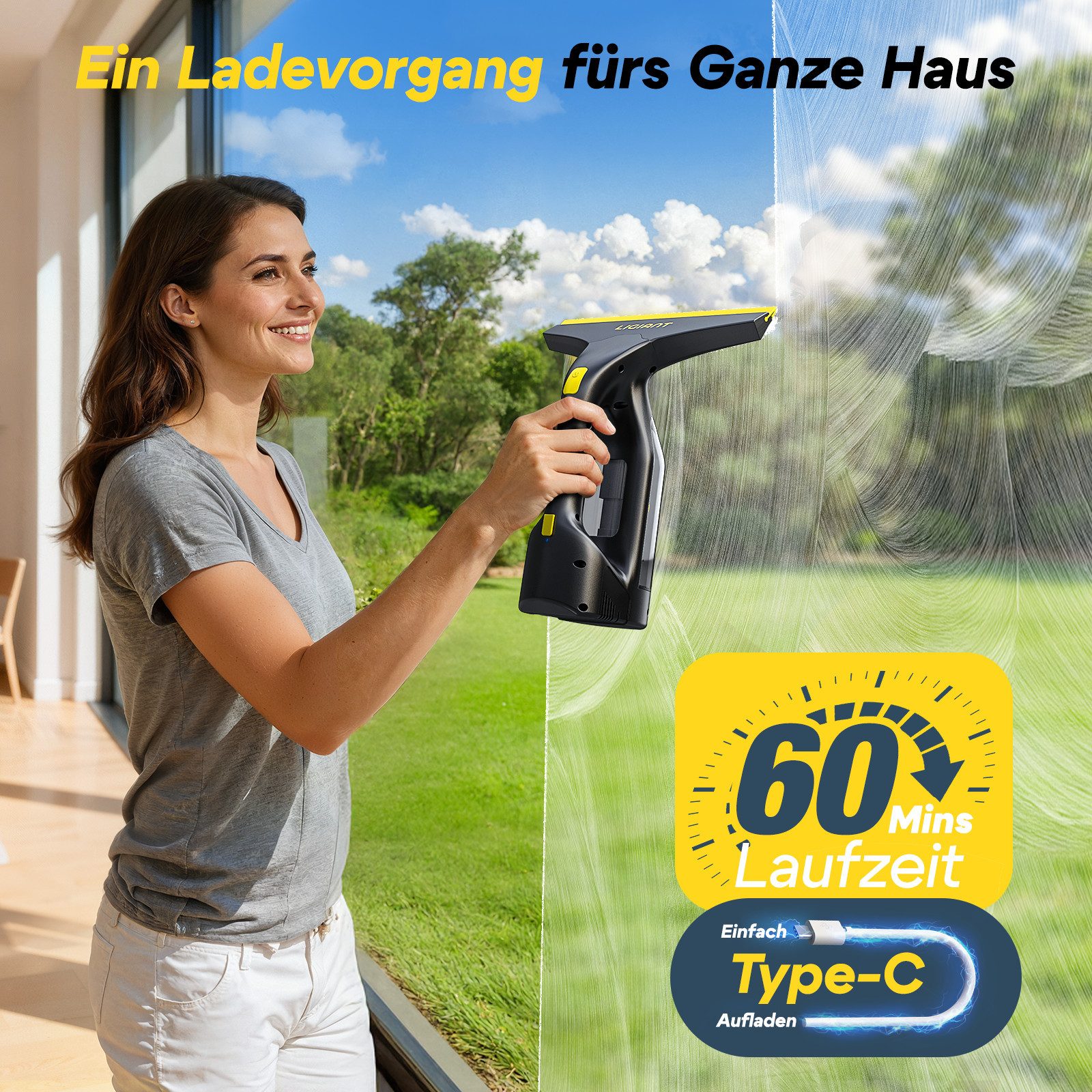 LIGIANT Akku-Fenstersauger CL03A, 60 min Laufzeit, Type-C Laden, 280 mm Düse, LED-Anzeige, 700 g Gewicht