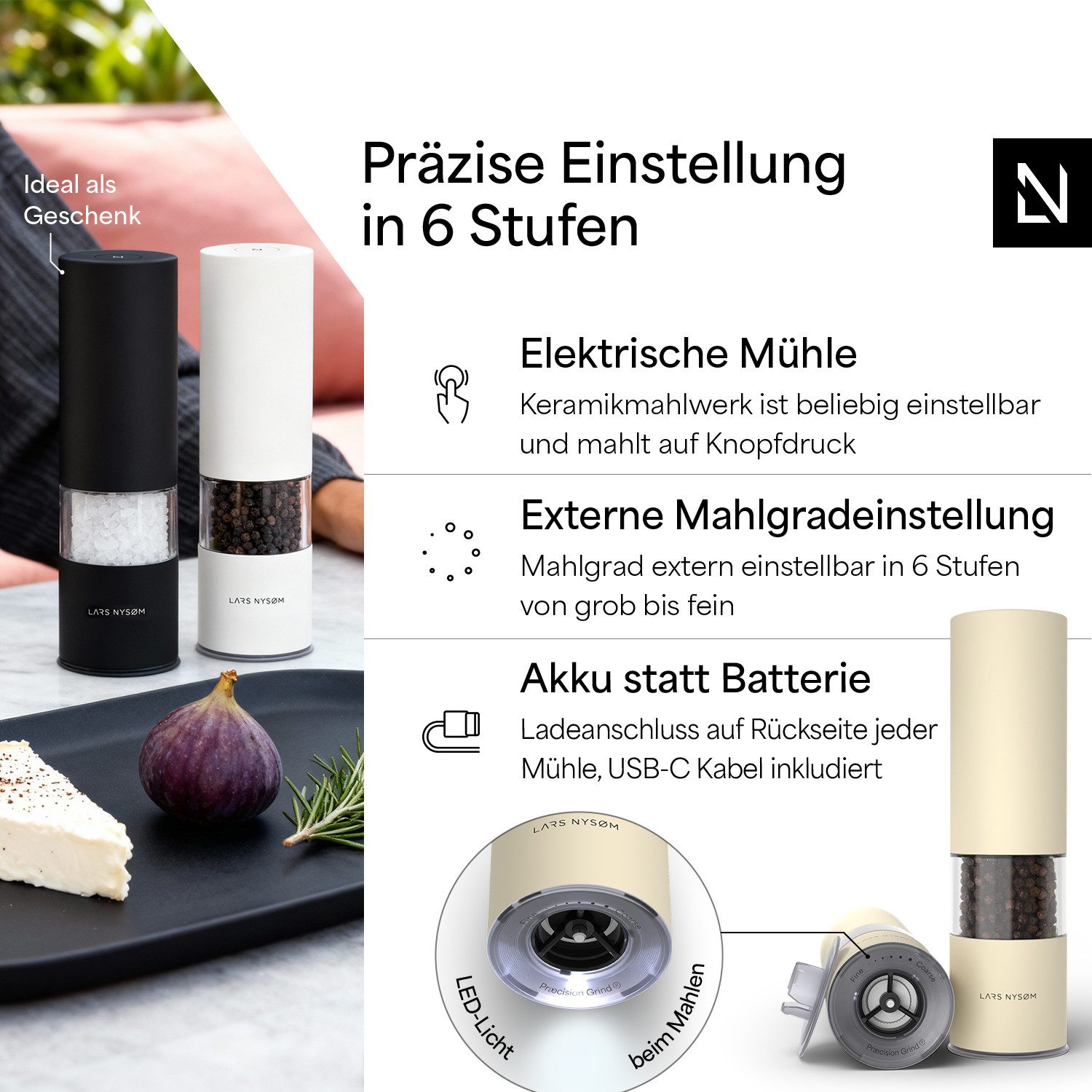 LARS NYSØM Gewürzmühle Stød praktische Einhandbedienung per Drucktaste, (2 Stück), elektrische Salz- & Pfeffermühle mit eingebautem LED-Licht