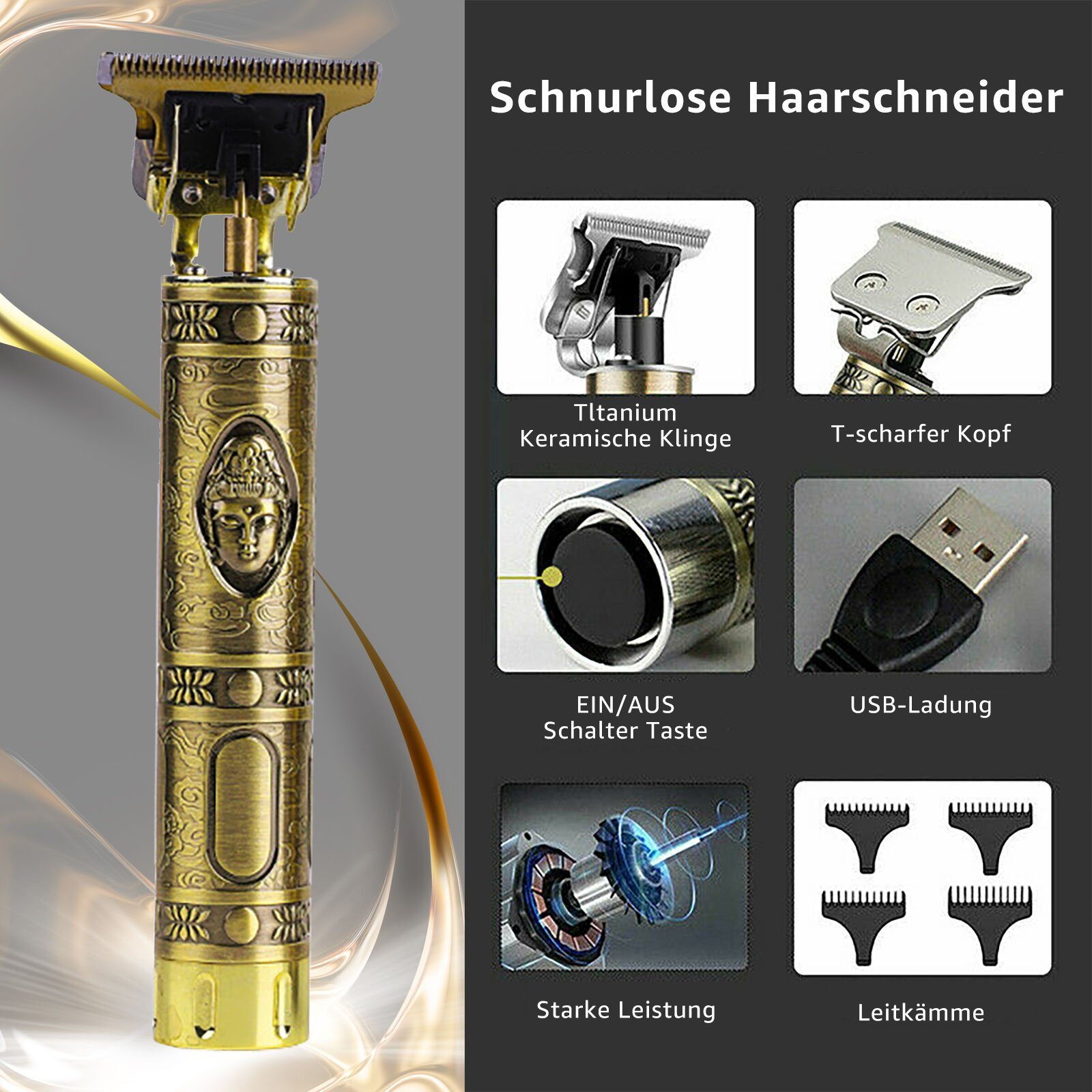 USB-Ladekabel Haarschneider, 4 & Bartschneider Kammaufsätzen x Herren, 7Magic Gold