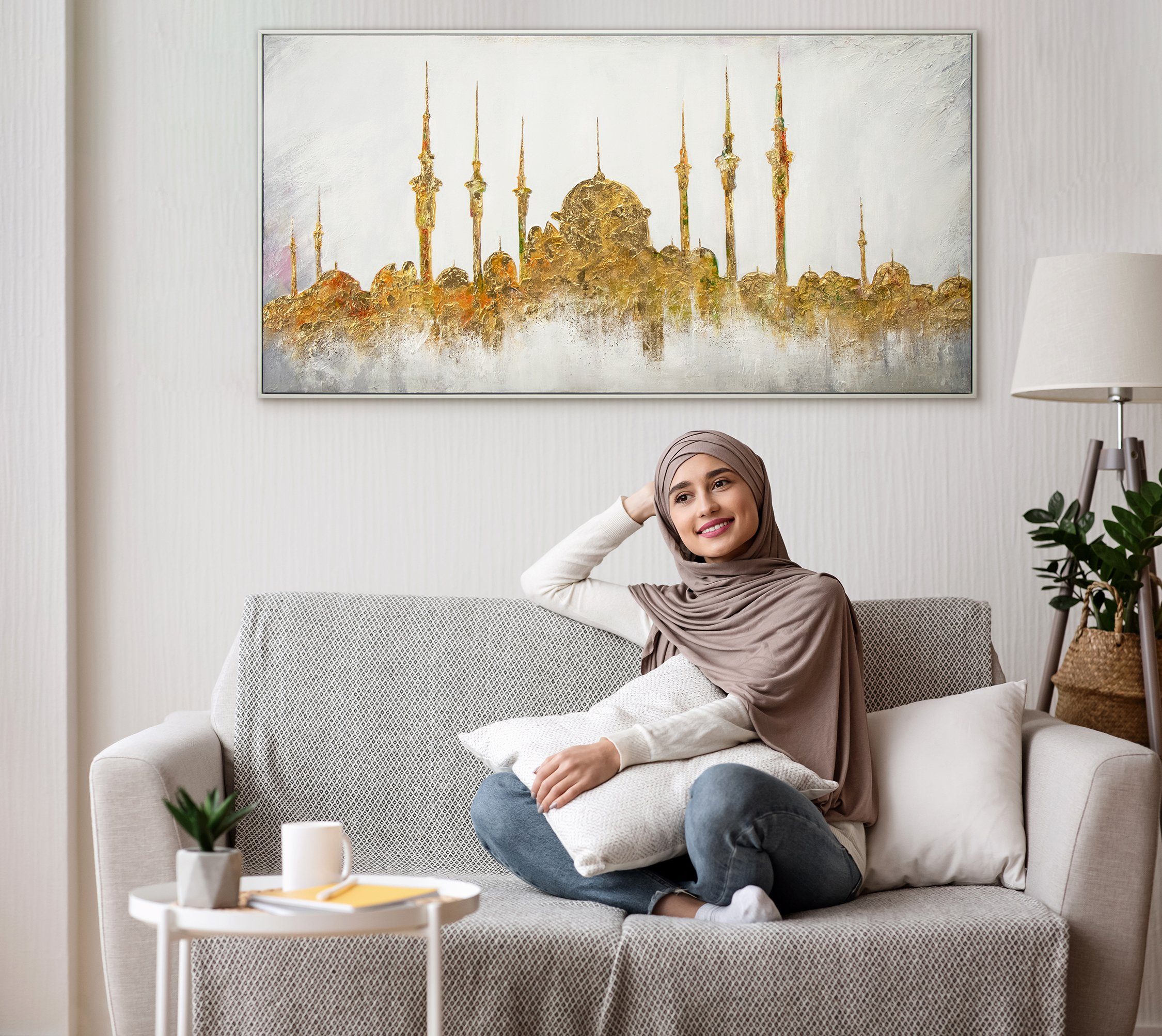 YS-Art Gemälde Moschee, Gold mit in Islam Rahmen Leinwandbild Moschee