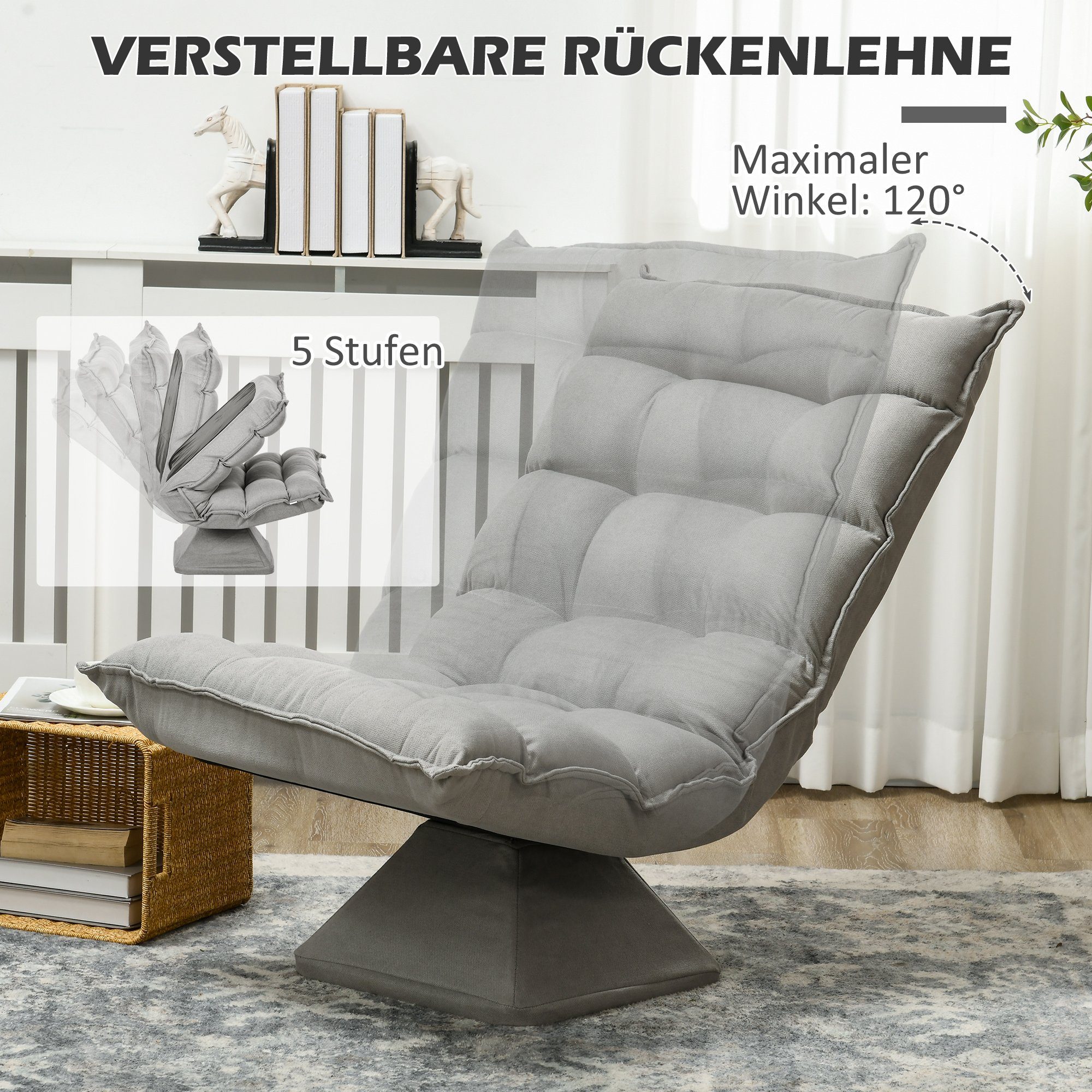 HOMCOM Relaxsessel Drehbarer Meditationsstuhl mit verstellbarer Rückenlehne, Sockel (Bodensofa, 1-St., Bodenstuhl), Lazy Sofa für Wohnzimmer, Büro, Grau – Bild 4 von 5
