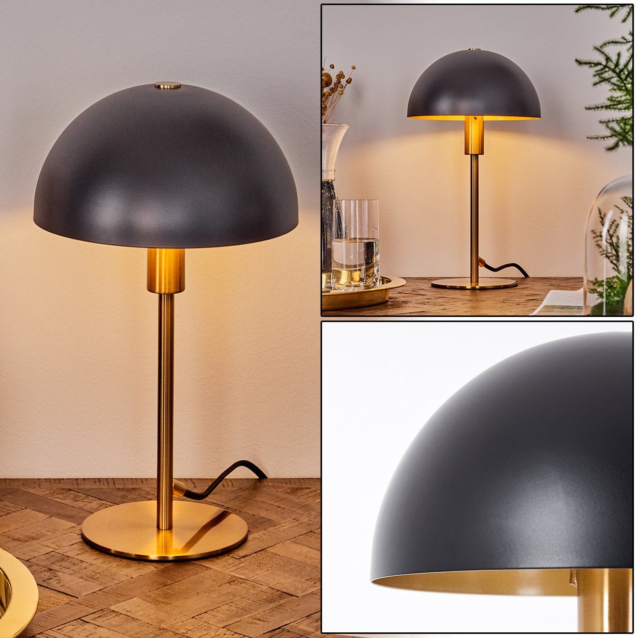 hofstein Tischleuchte moderne mit Nachttischlampe x 1 ohne E14 in Ø Leuchtmittel, Tischlampe, Schwarz/Messingfarben, runde Höhe aus 20cm, Metall 35cm, An-/Ausschalter