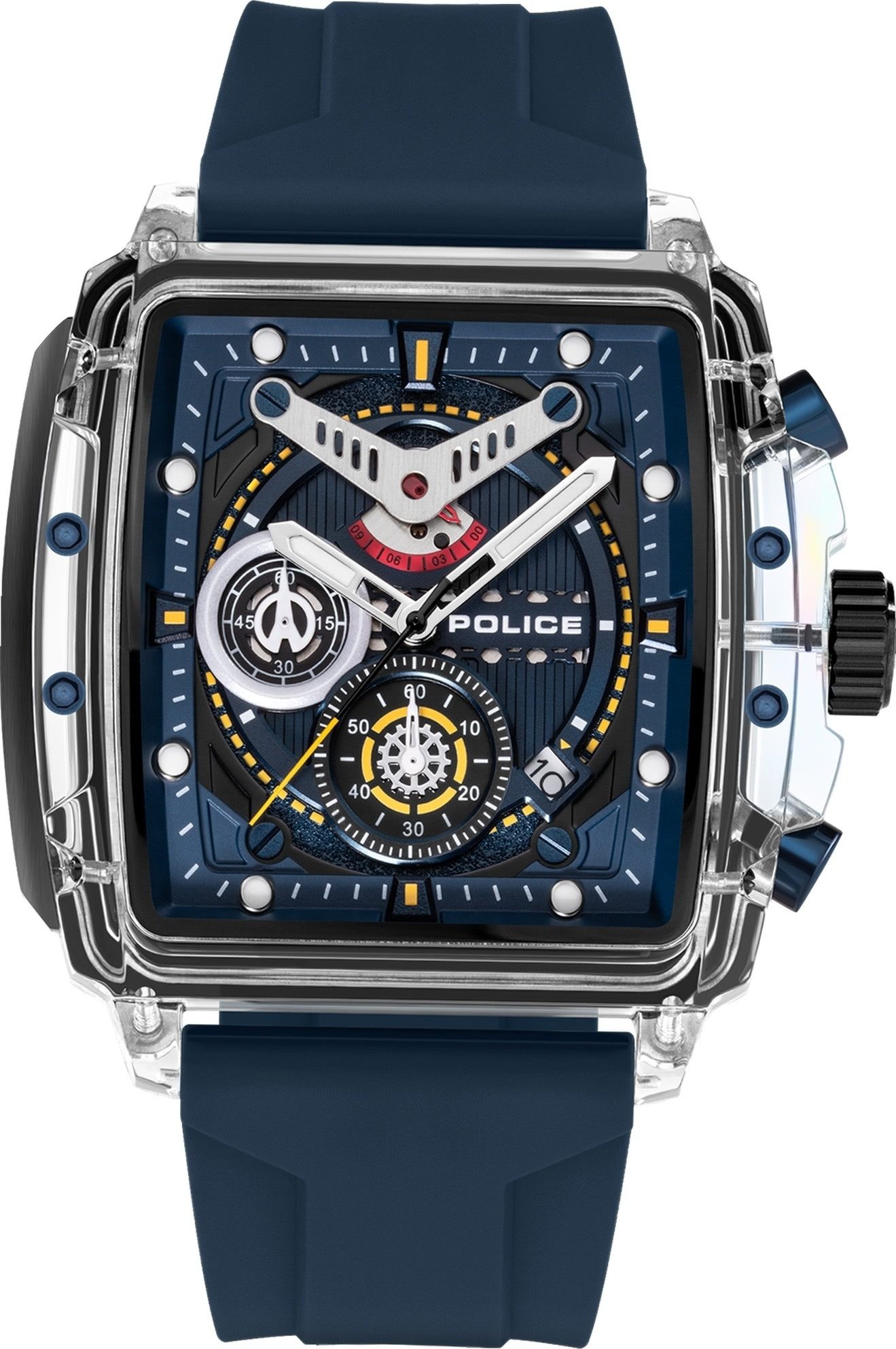 Police Chronograph Police Herrenuhr Silikon dunkelblau, (Chronograph), Herrenuhr quadratisch, groß (ca. 48mm) Silikonarmband, Fashion-Style