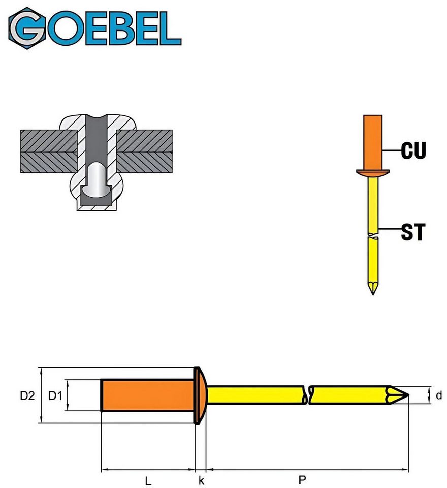 Thumbnail - GOEBEL GmbH Blindniete Dicht-Becherblindnieten Kupfer / Stahl 3,2 x 8,0 mm Nieten Flachkopf, (1000x Dicht-Becherblindnie...