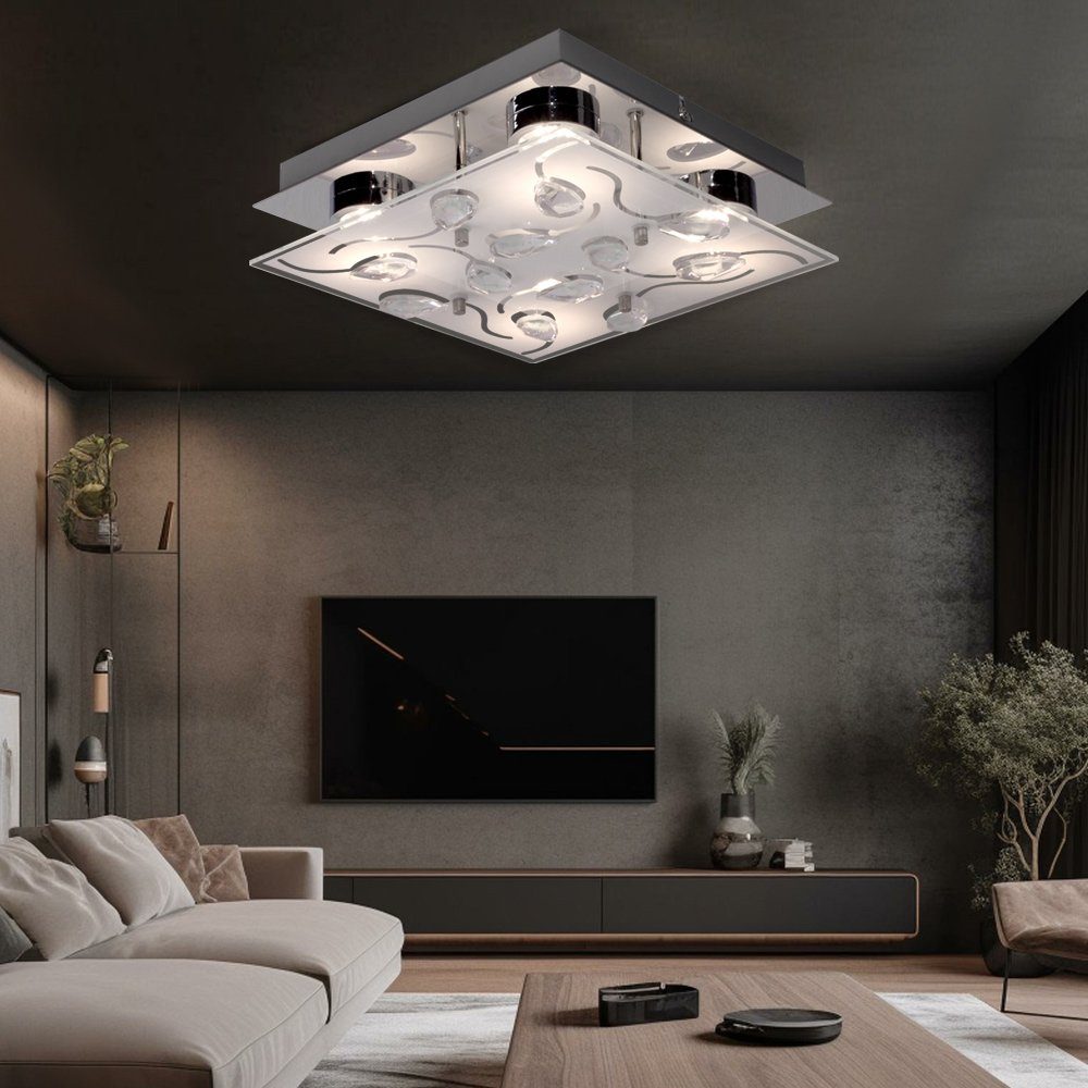 Warmweiß, verbaut, etc-shop Kristallen Wohnzimmer LED Deckenleuchte LED-Leuchtmittel mit chrom LED Deckenlampe Deckenleuchte, fest Glas