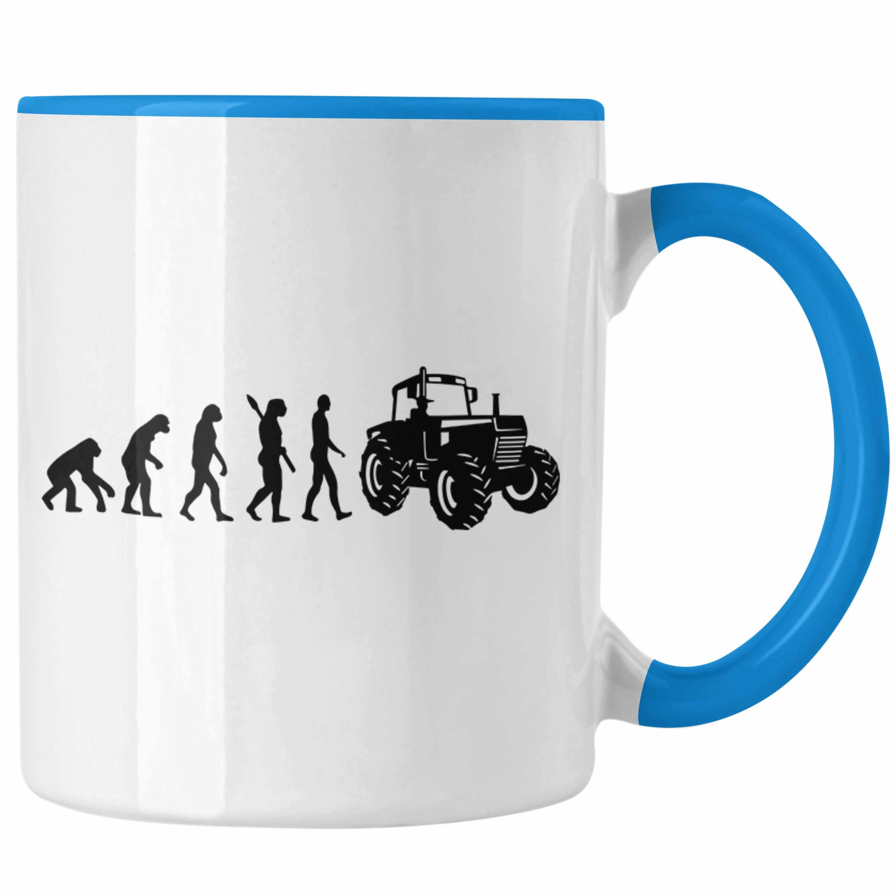 Trendation Tasse Lustige Tasse für Landwirte Geschenk Evolution Traktor Geschenkidee Blau