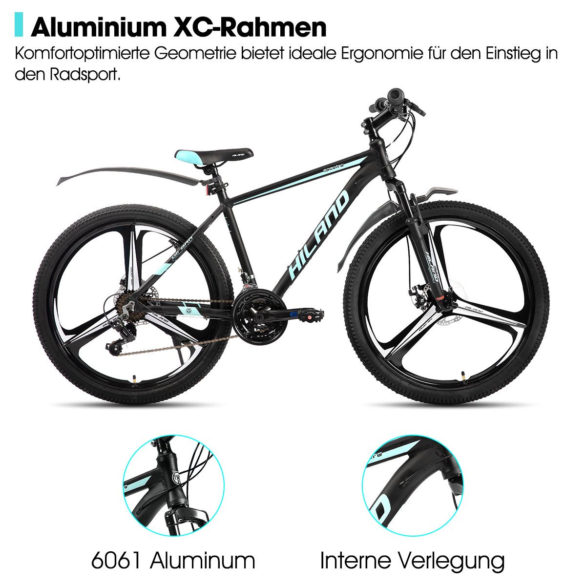 HILAND Mountainbike 26" Aluminium MTB Shimano 18-Gang, 3D/6D Felgen wählbar, 3/6-Speichen-Räder, 18-Gang, mit Schutzblechen, Doppelscheibenbremsen