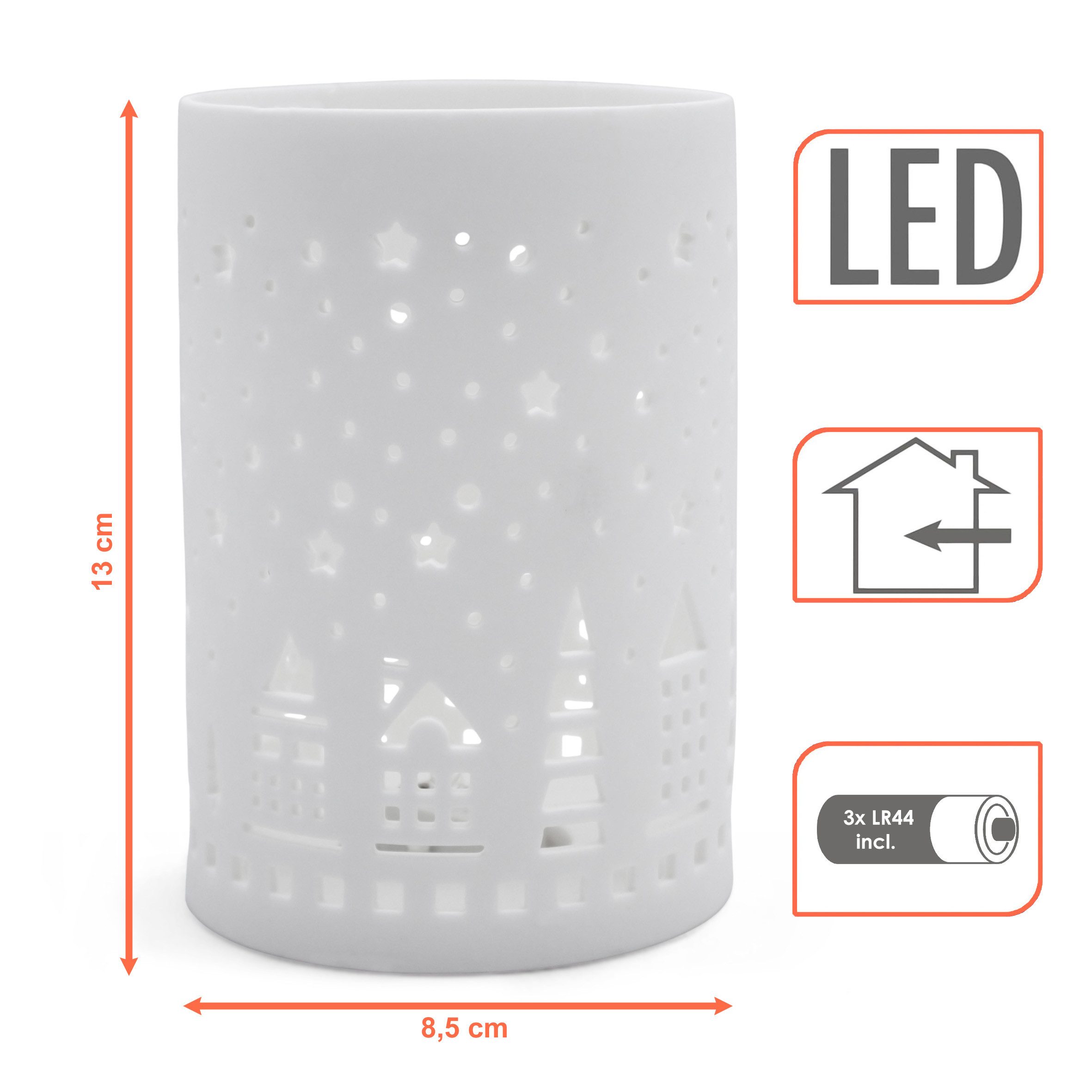 Spetebo LED-Dekofigur Porzellan LED Windlicht Skyline matt weiß - 13 cm (Anzahl, 1 St., Set), inklusive Batterie