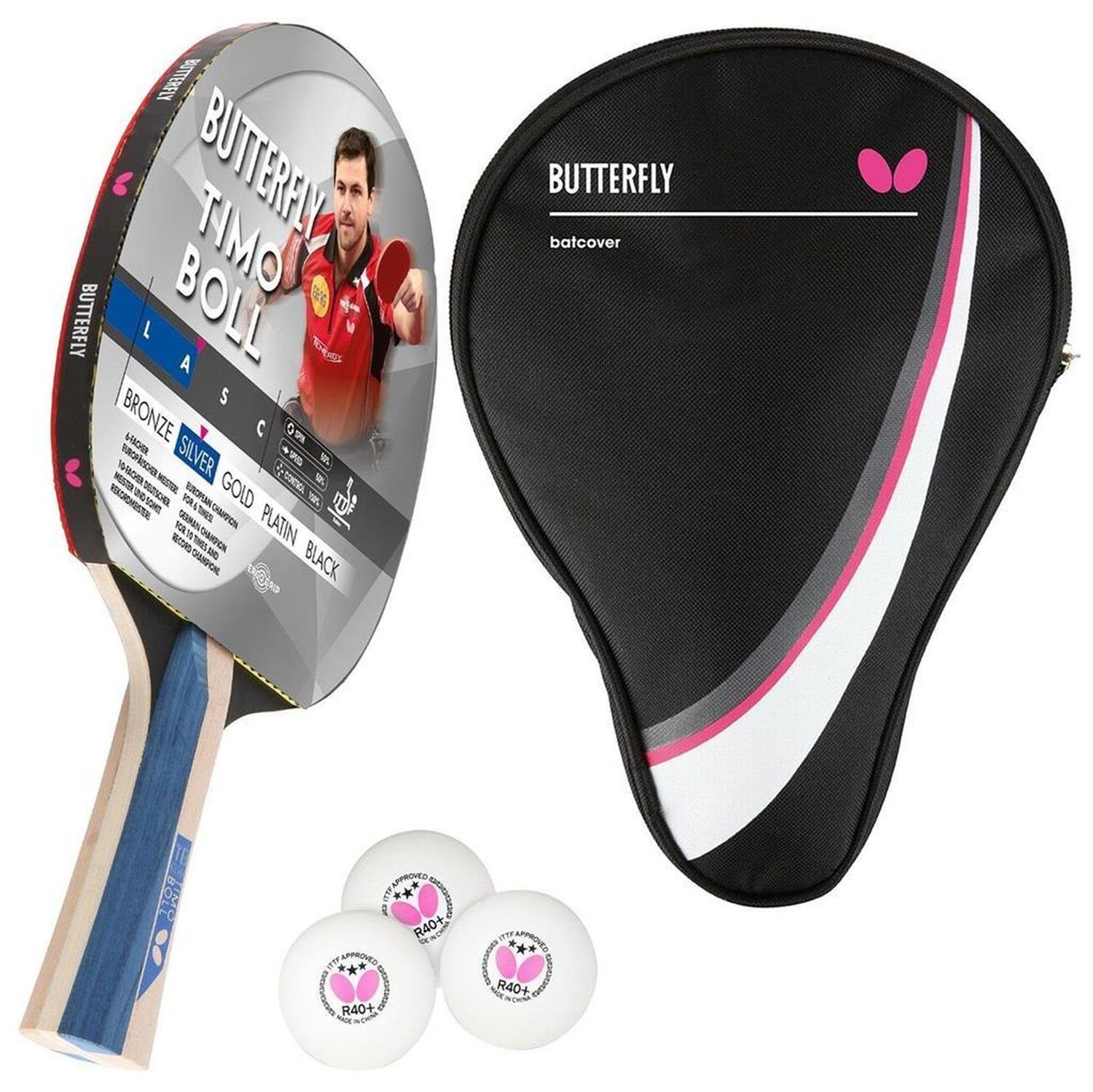 Tischtennisschläger 1x Timo Boll Silber 85016 + Drive Case 1 + Bälle