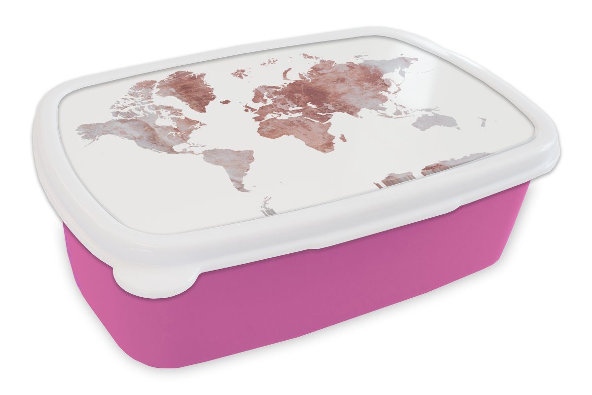 MuchoWow Lunchbox Weltkarte - Marmor - Rot, Kunststoff, (2-tlg), Brotbox für Erwachsene, Brotdose Kinder, Snackbox, Mädchen, Kunststoff rosa