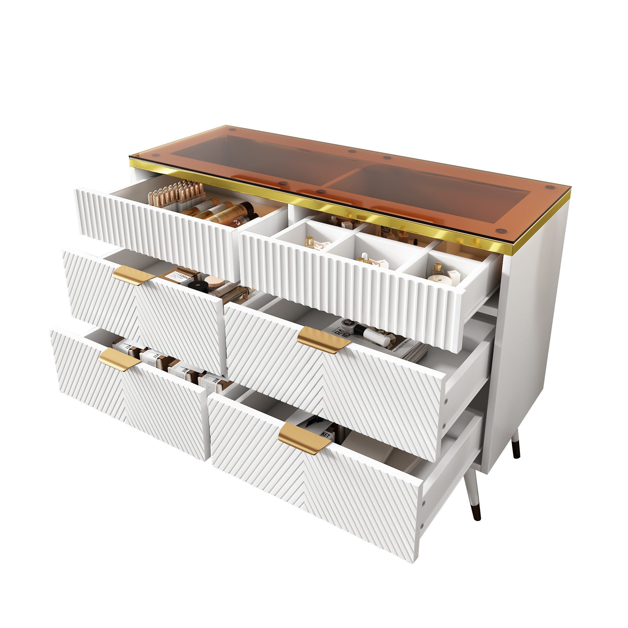 Yorbay Sideboard Kommode aus Bernstein Glas, mit 6 Schubladen, 2 Fächern, Eiche Farbe, Kommode mit Facheinteilung, kippsicher, 120 x 40 x …