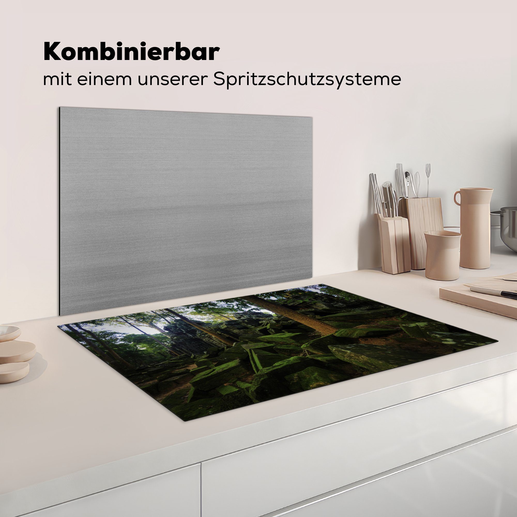 in Induktionskochfeld tlg), küche, (1 Wat, die Ceranfeldabdeckung Überwachsener Vinyl, MuchoWow 81x52 Schutz Tempel cm, für Angkor Herdblende-/Abdeckplatte