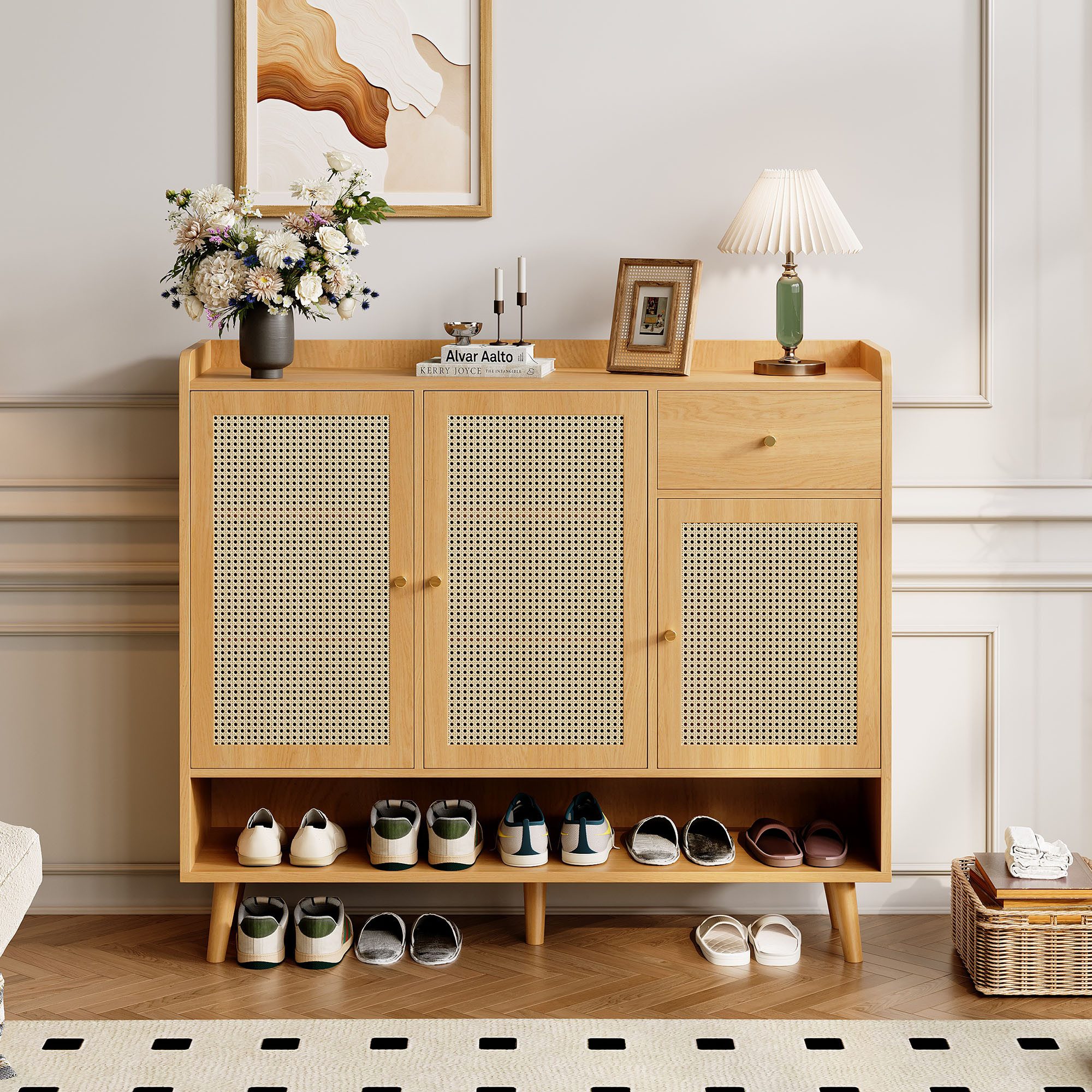 REDOM Schuhschrank aus natürlichem Rattan (Viel Stauraum mit 3 Türen, Schub günstig online kaufen