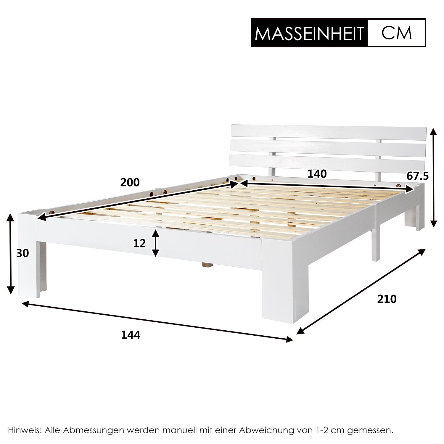 (ohne Holz Jugendbett WISHDOR Matratze Massiv Holzbett Bettgestell Kopfteil), 140x200 Kieferbett Weiß Lattenrosten Bett FSC Doppelbett mit Kinderbett Massivholzbett mit Massivholz cm Massivholzbett