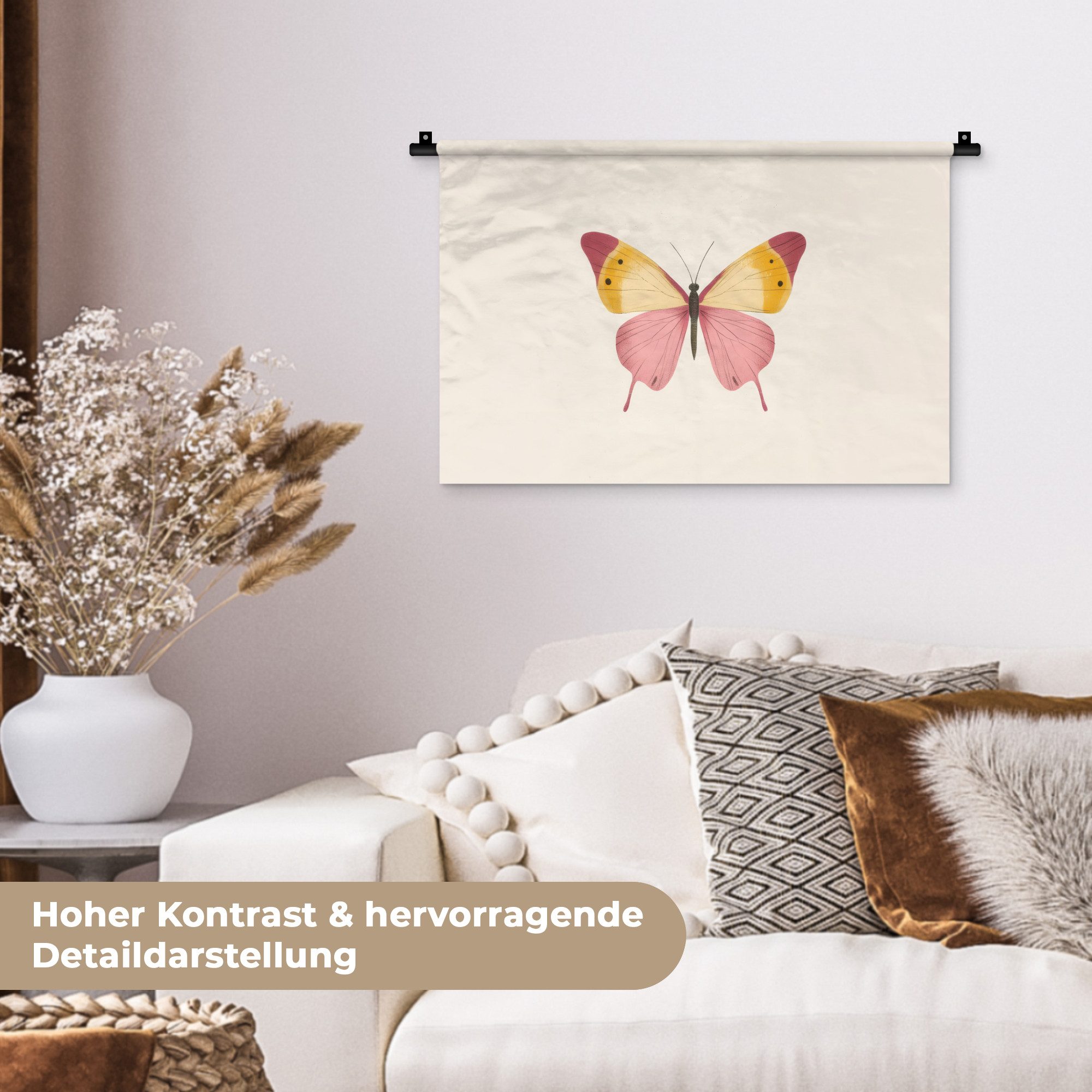 MuchoWow Wandteppich Schmetterling - Illustration - Rosa, Rechteckig, Höhe: 3 mm, Wandteppich für Wohnzimmer, Schlafzimmer, 60x40 cm