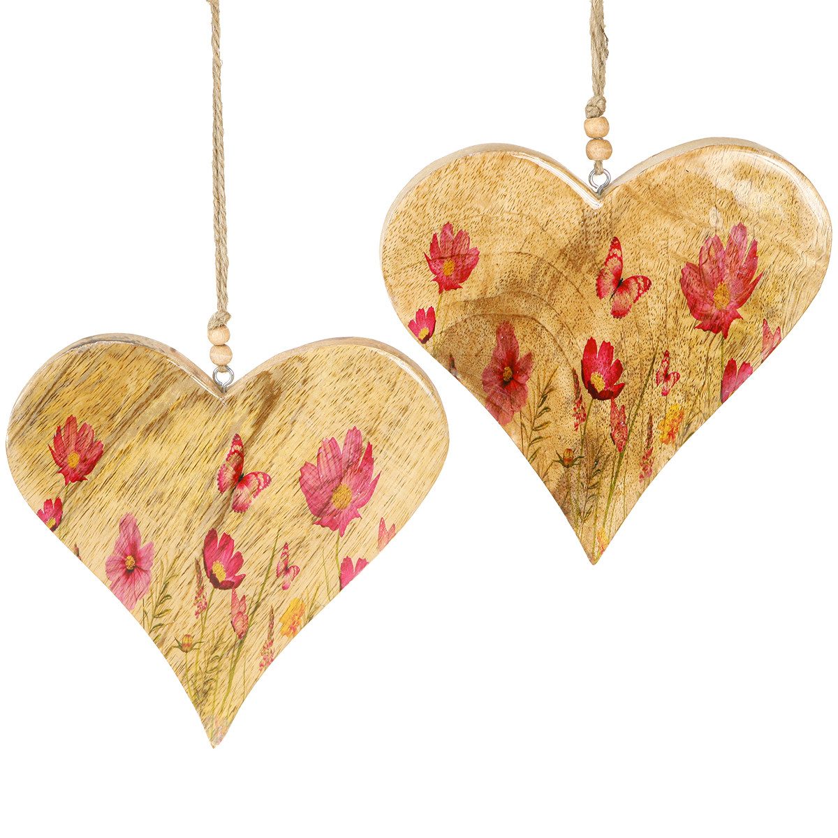Florists Products Streudeko Holzherzen Deko Anhänger Pink Blumen Frühling Mangoholz 18cm, 2 Stück