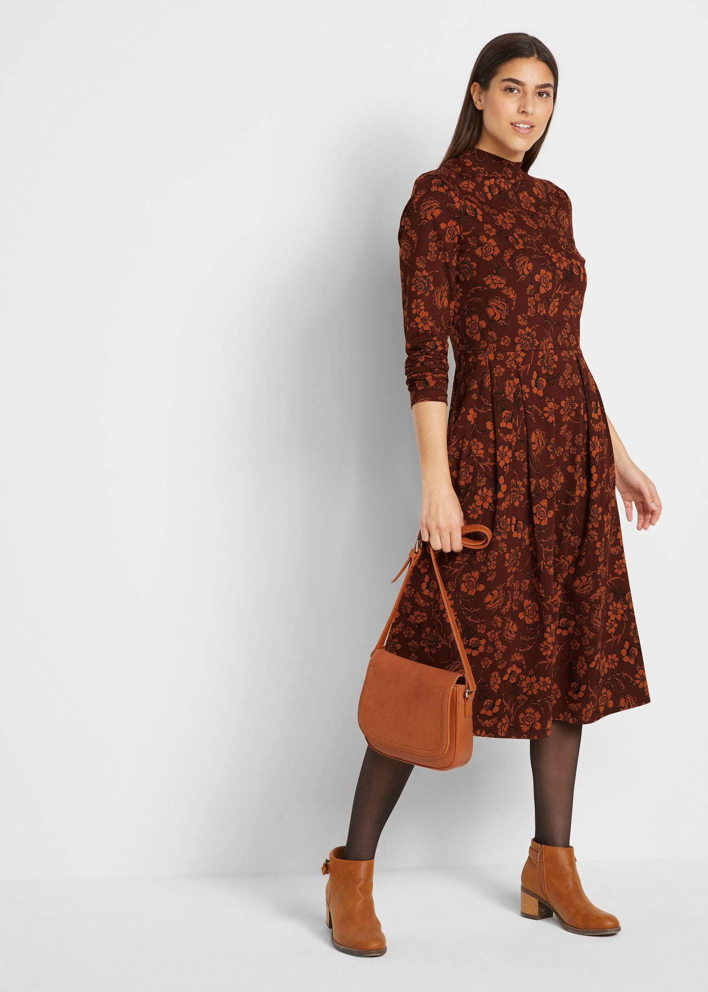 bonprix Jerseykleid mit geblümtem All-Over Print, aus Baumwolle und Elasthan