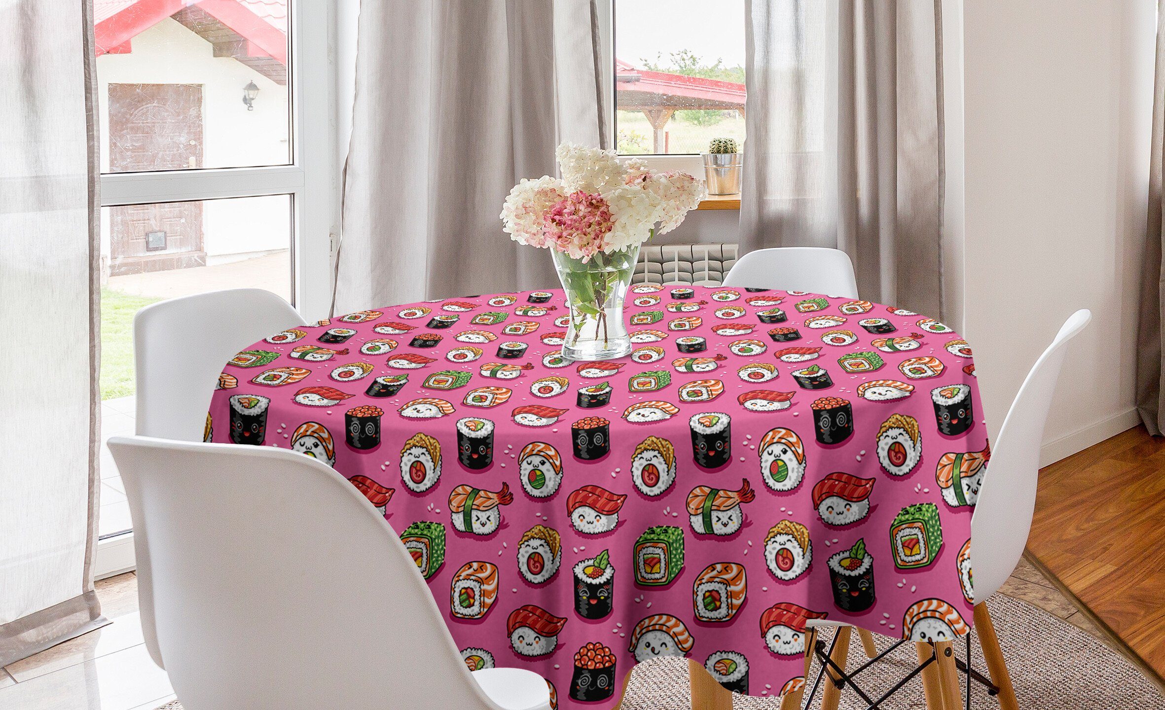 Abakuhaus Tischdecke Kreis Tischdecke Abdeckung für Esszimmer Küche Dekoration, Wasabi Kawaii Art Sushi