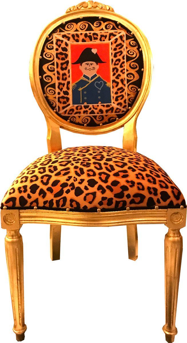 Casa Padrino Esszimmerstuhl Barock Medaillon Luxus Esszimmer Stuhl Leopard / Gold Napoleon - Luxs Kollektion