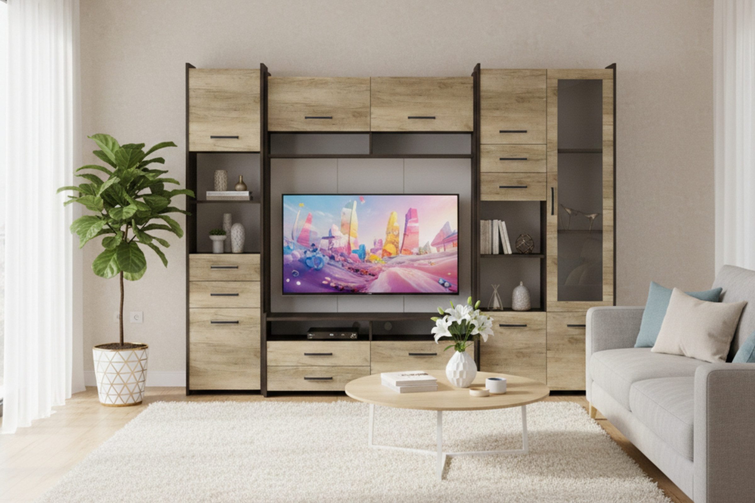 Deine Möbel 24 Wohnwand MAURO MINI 232 cm – Moderne Wohnzimmerschrankwand, (Set, 1-St., Wohnwand mit Stauraum), mit TV-Board, Vitrine und Regalen, in Eiche