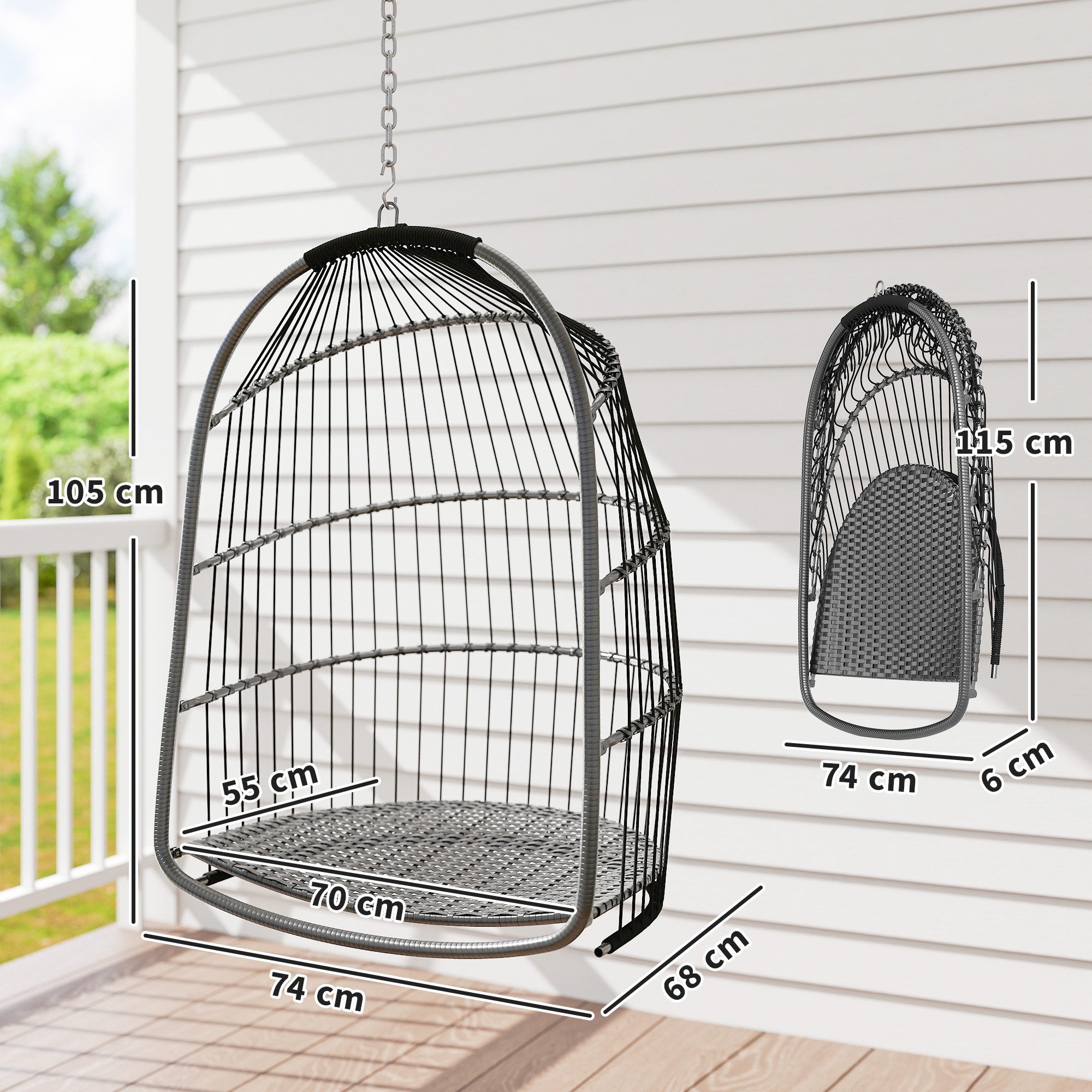 Outsunny Schaukelstuhl mit Kissen, Polyrattan, faltbar,belastbar bis 150kg (Hängesessel, 1 St), für Wohnzimmer, Balkon, Terrasse, Dunkelgrau