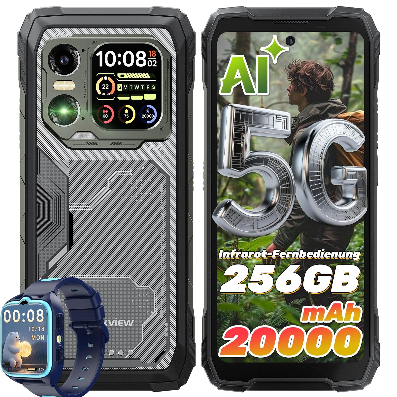 blackview XPLORE 1 Dual-Screen incl.Z30 Rugged Smartphone (6,78 Zoll, 256 GB Speicherplatz, 64 MP Kamera, 5G, 1080*2460, 120Hz, 64MP+50MP+20MP Nachtsicht, 55W, 5W OTG)