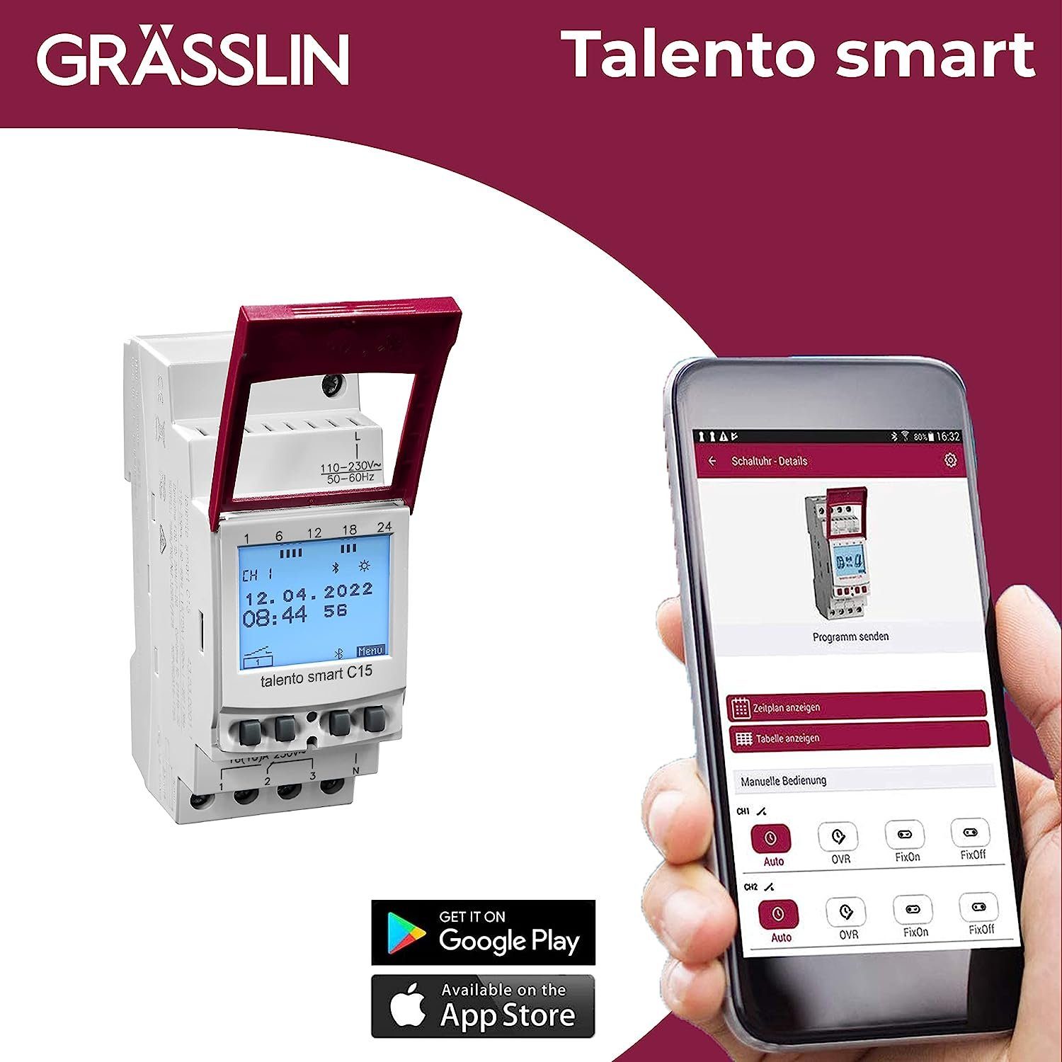 Grässlin Zeitschaltuhr talento smart C15, digitale Astro-Schaltuhr I Bluetooth I App-Programmierung I 1-Kanal