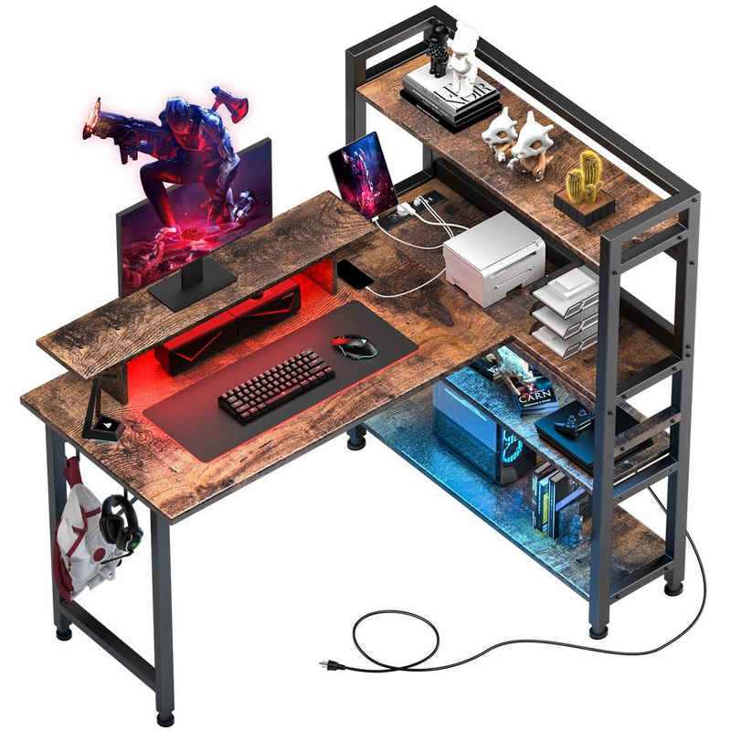 GTPLAYER Schreibtisch Gaming Schreibtisch Computertisch mit 4-stöckige Seitenablagefächer (Packung, 1 Tisch), LED-Lichtleiste, eingebaute Steckdose, einen Bildschirmständer
