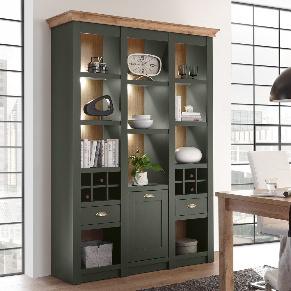 Lomadox Buffet CINCINNATI-61 Landhaus schrank in grün mit Wotaneiche inkl. LED, : 147/207/45cm