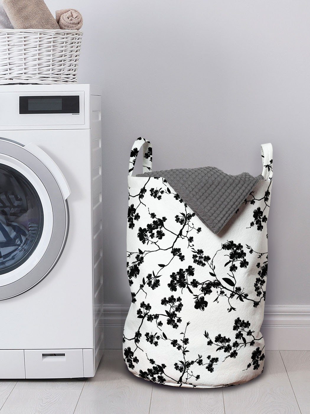 asiatisch Wäschesäckchen Griffen mit Waschsalons, Wäschekorb Sakura Blooom Silhouette Abakuhaus für Kordelzugverschluss