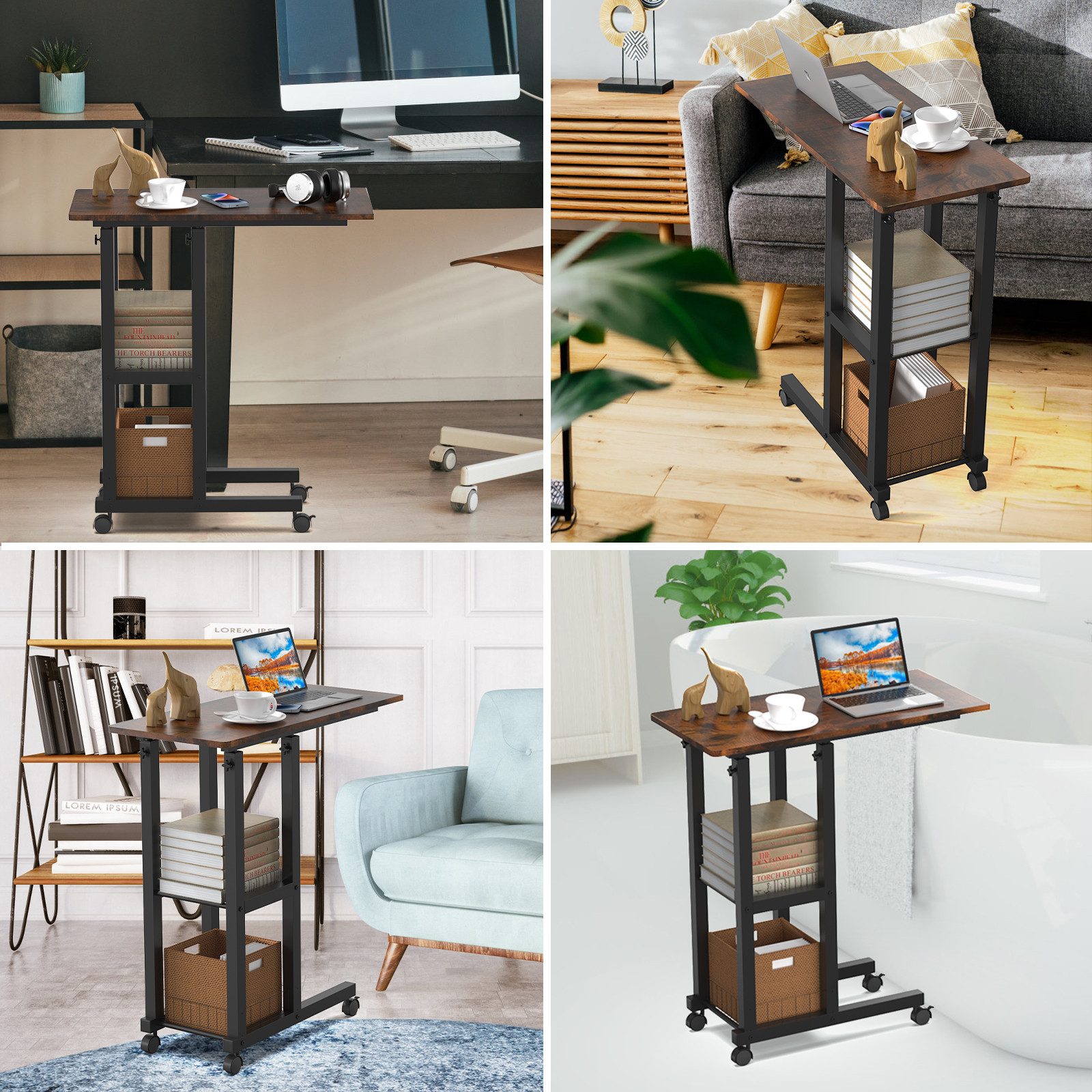 JEOBEST Beistelltisch Couchtisch mit Rollen Laptoptisch Höhenverstellbar Schreibtisch, Sofatisch Nachttisch Kaffeetisch mit 2 unteren Regalen, C-förmig – Bild 4 von 5