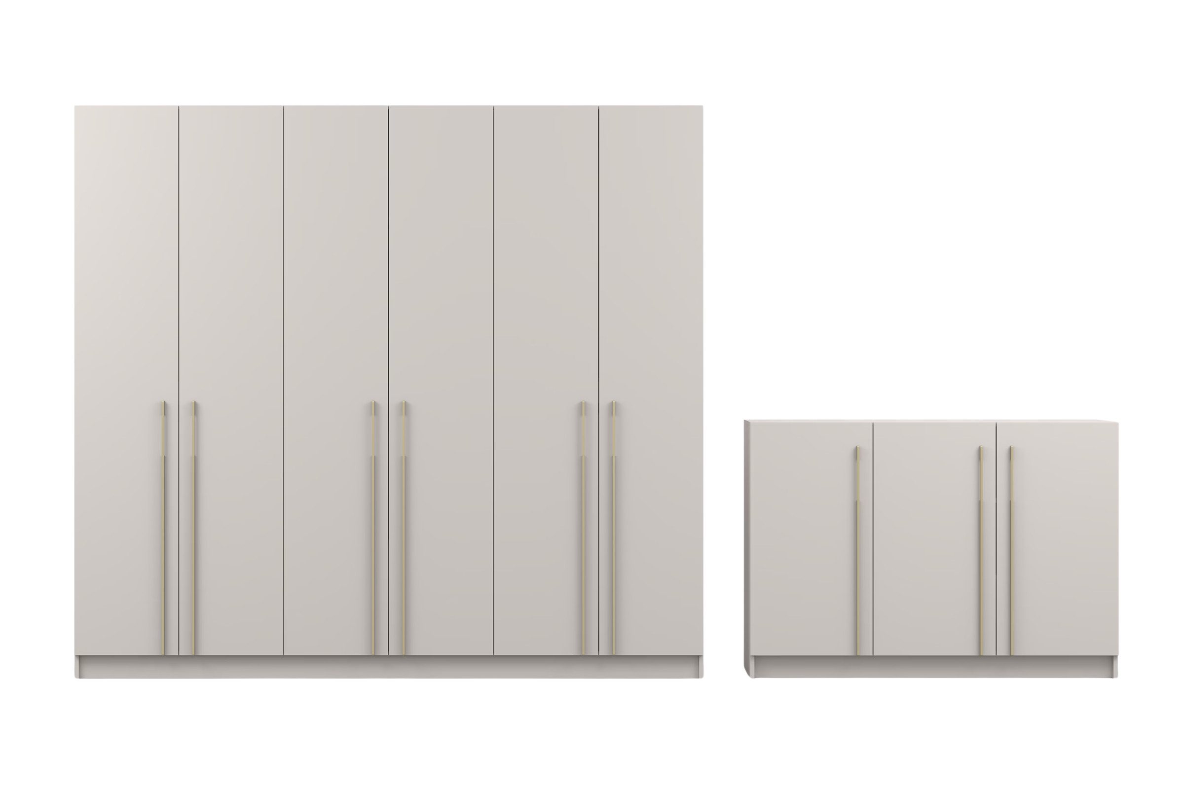 Deine Möbel 24 Schlafzimmer-Set C MIRELO mit 4- oder 6-türigem Kleiderschrank & 3-türiger Kommode, (ideal für Schlafzimmer, Ankleiderzimmer & Flur, 2-tlg., Kleiderschrank 200 cm 4-türig oder 230 cm 6-türig & Kommode 134 cm), Möbel-Set in Weiß matt oder Kaschmir, goldfarbene Griffe