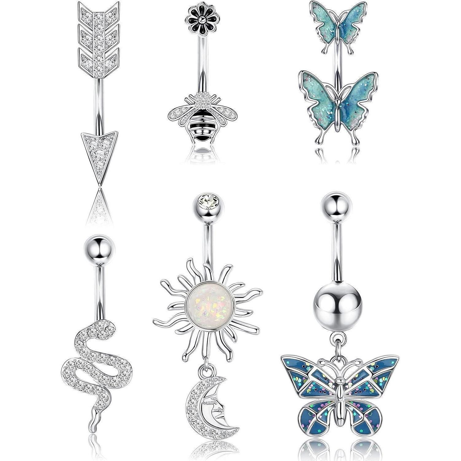Dochais Bauchnabelpiercing-Set 6 Stück Piercing Bauchnabel Edelstahl Schmetterling Biene 14G 10mm